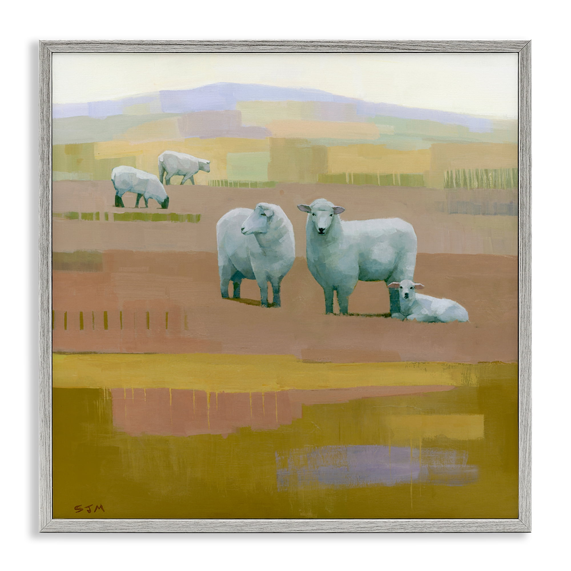 Stupell Industries Sheep Grazing Pasture Animals Painting Gray Framed Art Print Wall Art, 12 x 12