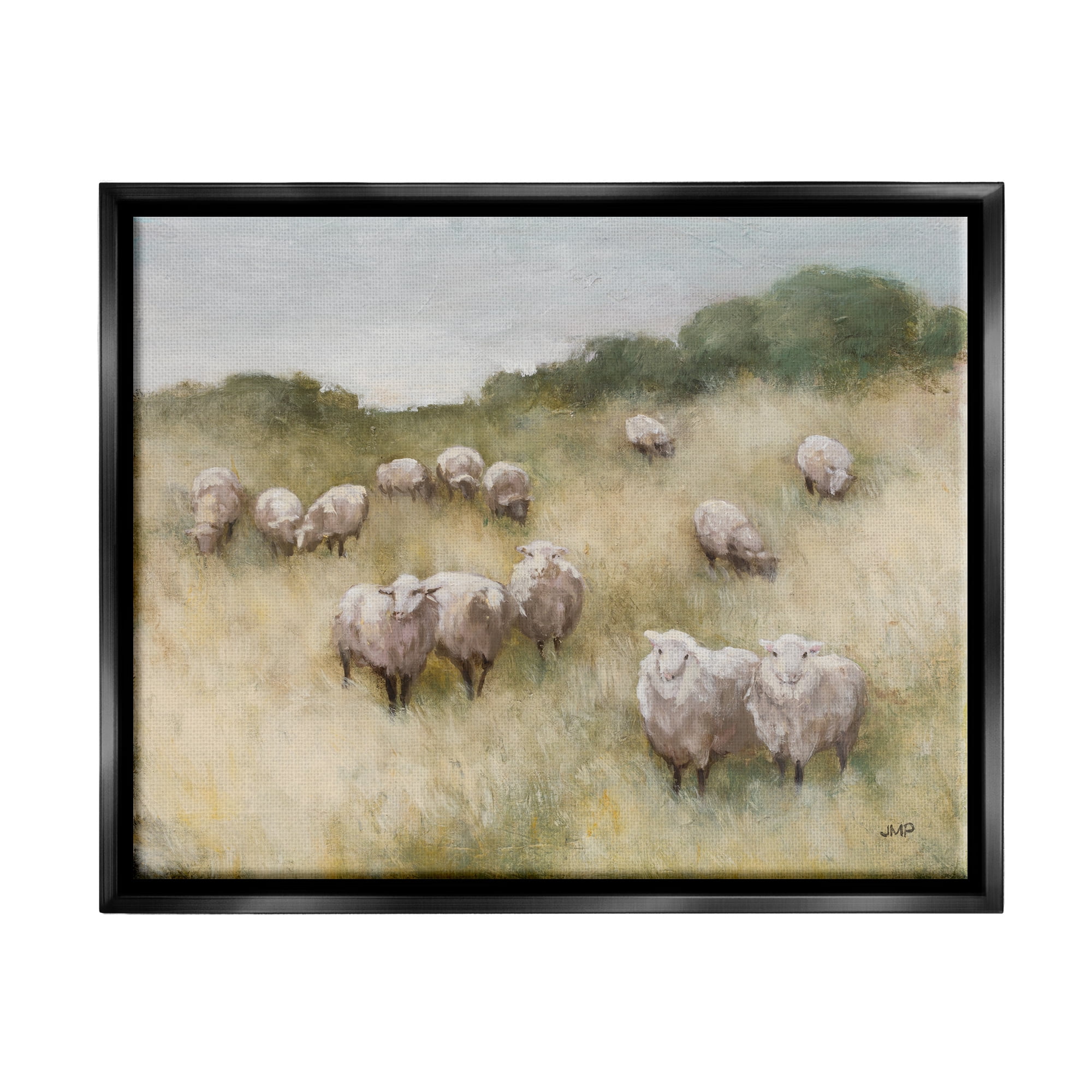 Stupell Industries Sheep Herd Rural Grassland Animals & Insects Painting Black Floater Framed Art Print Wall Art, 31 x 25