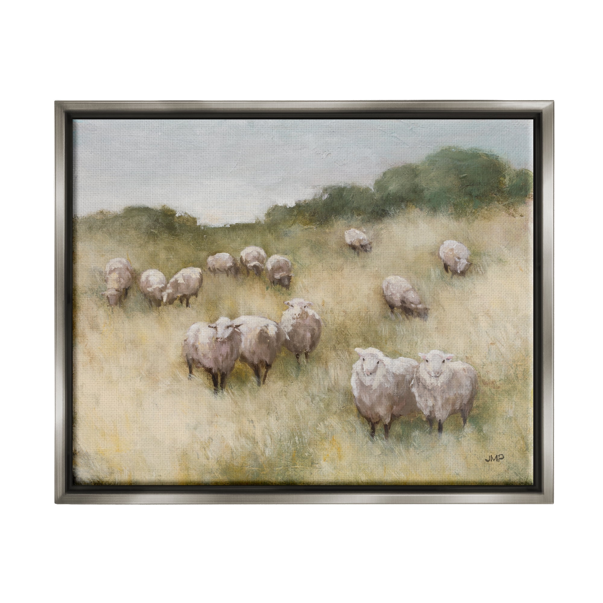 Stupell Industries Sheep Herd Rural Grassland Animals & Insects Painting Gray Floater Framed Art Print Wall Art, 21 x 17