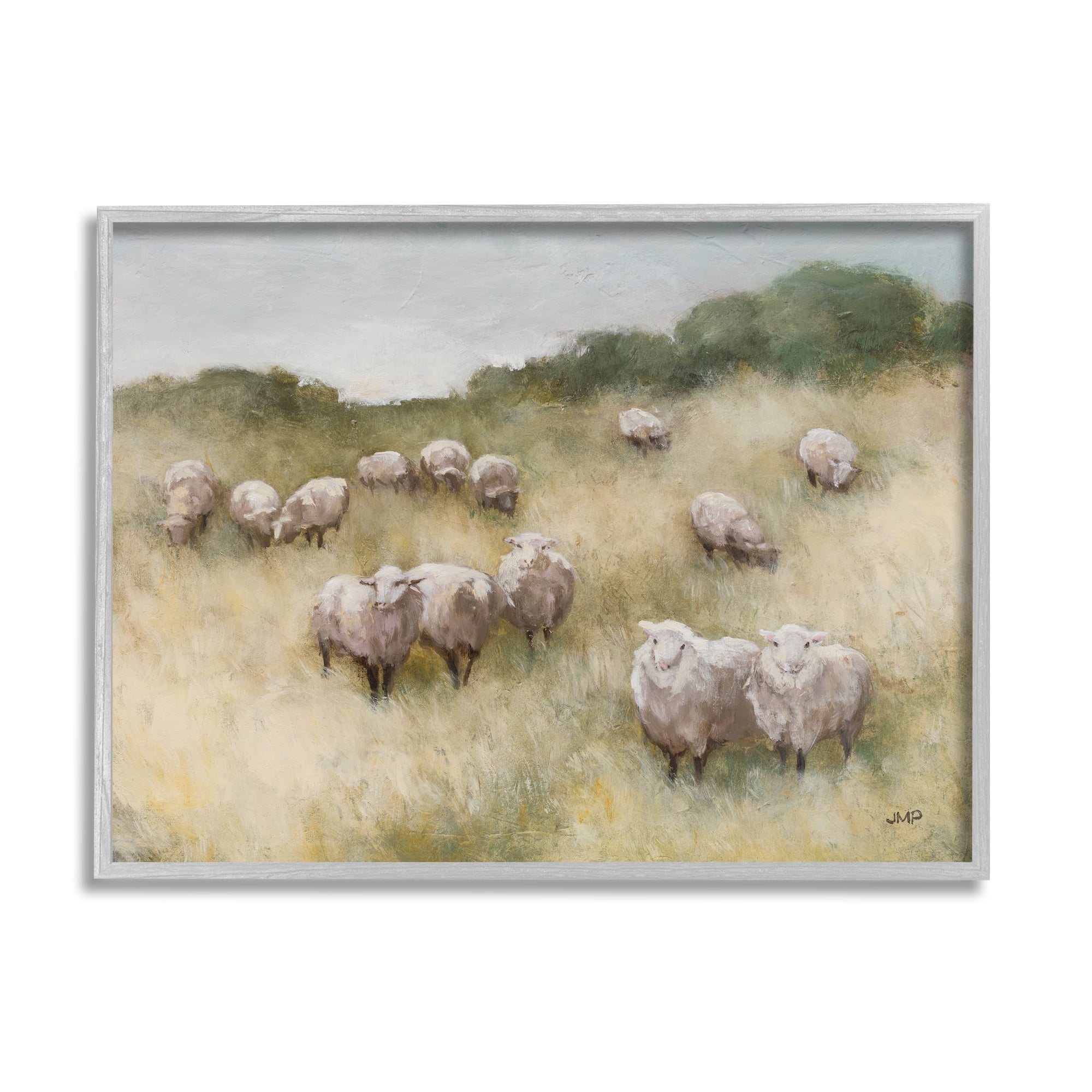 Stupell Industries Sheep Herd Rural Grassland Animals & Insects Painting Gray Framed Art Print Wall Art, 20 x 16