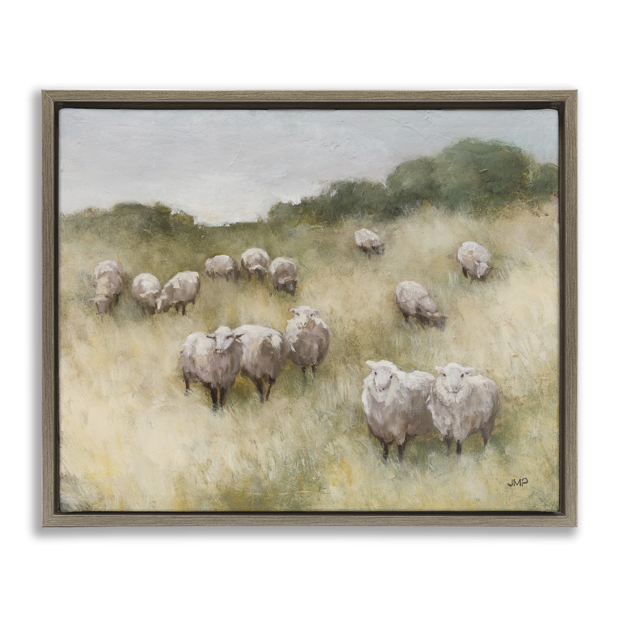 Stupell Industries Sheep Herd in Rural Grassland Animals & Insects Painting Brown Floater Framed Canvas Art Print Wall Art, 21 x 17