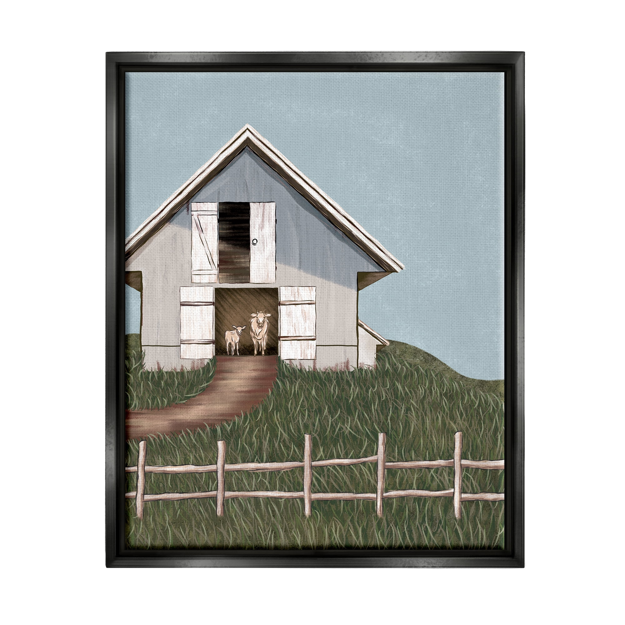 Stupell Industries Sheep In Barn Rural Farm Landscape Painting Black Floater Framed Art Print Wall Art