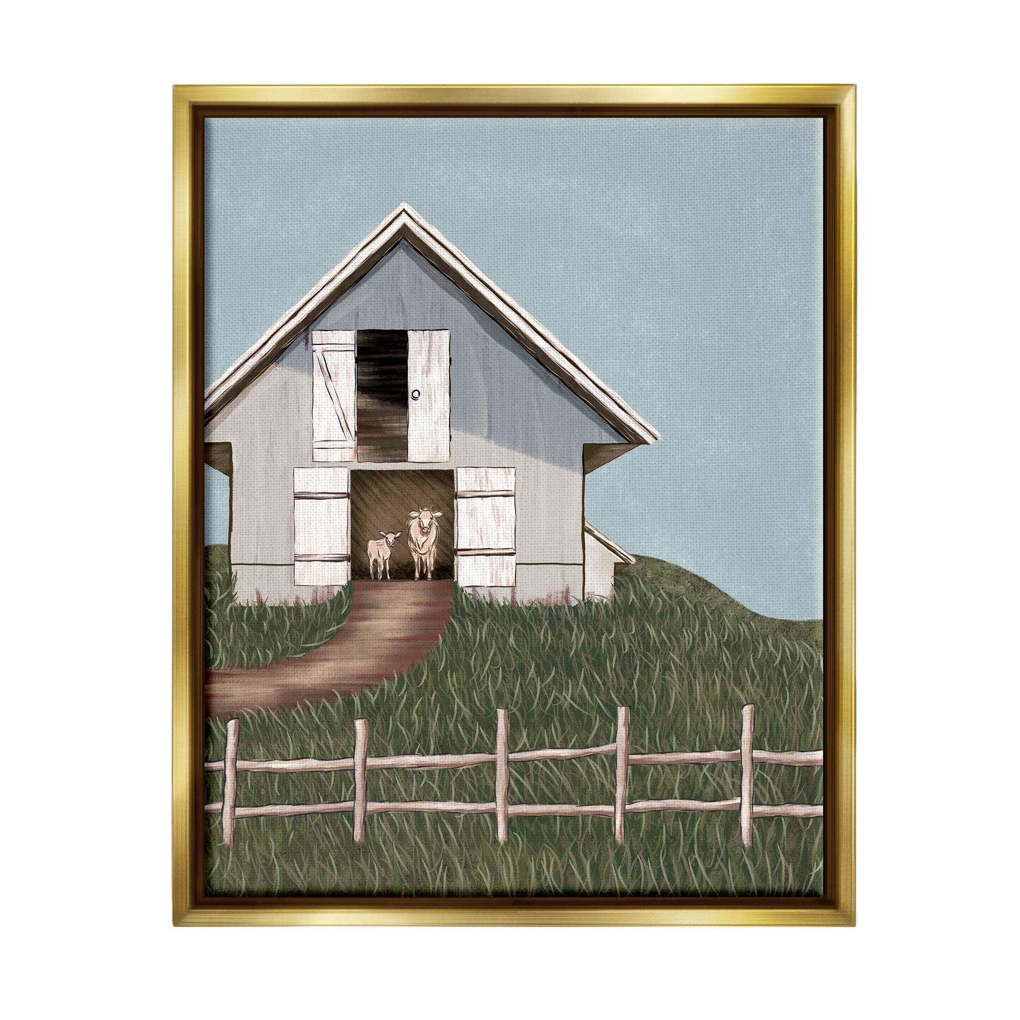 Stupell Industries Sheep In Barn Rural Farm Landscape Painting Gold Floater Framed Art Print Wall Art