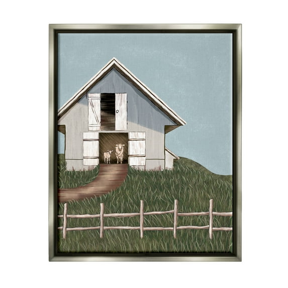 Stupell Industries Sheep In Barn Rural Farm Landscape Painting Gray Floater Framed Art Print Wall Art
