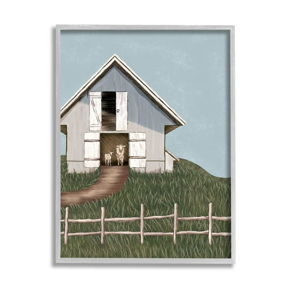 Stupell Industries Sheep In Barn Rural Farm Landscape Painting Gray Framed Art Print Wall Art
