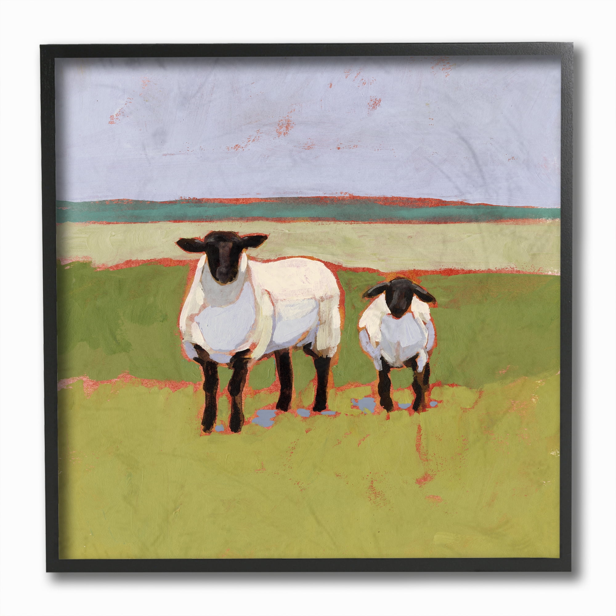 Stupell Industries Sheep Pasture Farm Landscape Green Red Painting Framed Wall Art by Victoria Borges, 12" x 12", Black Framed