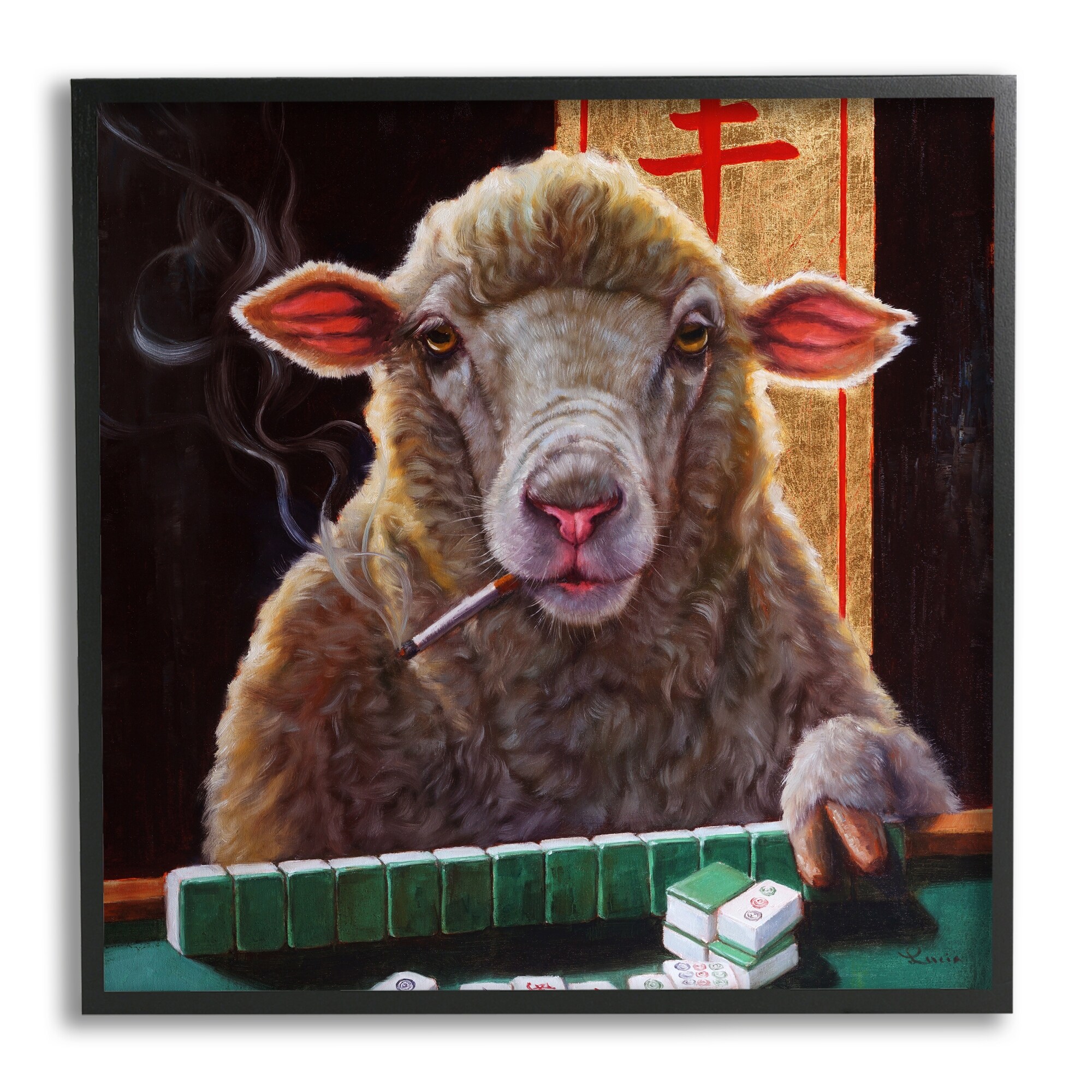Stupell Industries Sheep Playing Mahjong Tile Game Smoking Animal Framed Wall Art, 24 x 24, Design by Lucia Heffernan