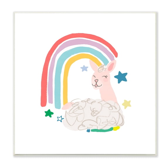Stupell Industries Sheep Relaxing Smiling Rainbow Stars Adorable Design, 12 x 12, Design by June Erica Vess