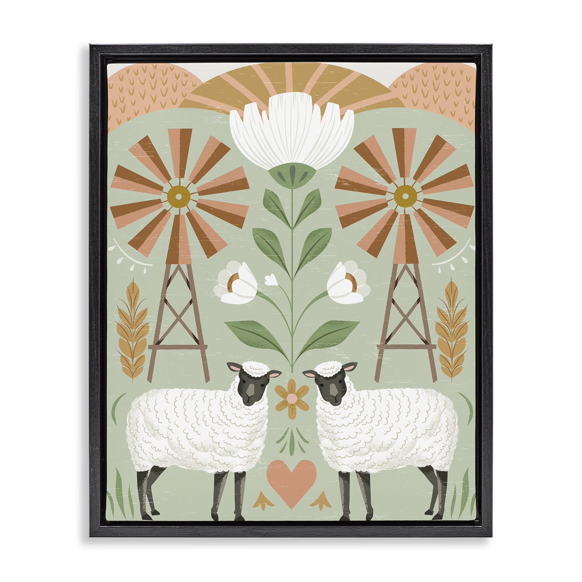 Stupell Industries Sheep & Windmill Pattern Animals Painting Black Floater Framed Canvas Art Print Wall Art, 17 x 21