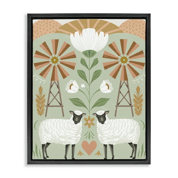 Stupell Industries Sheep & Windmill Pattern Animals Painting Black Floater Framed Canvas Art Print Wall Art, 17 x 21
