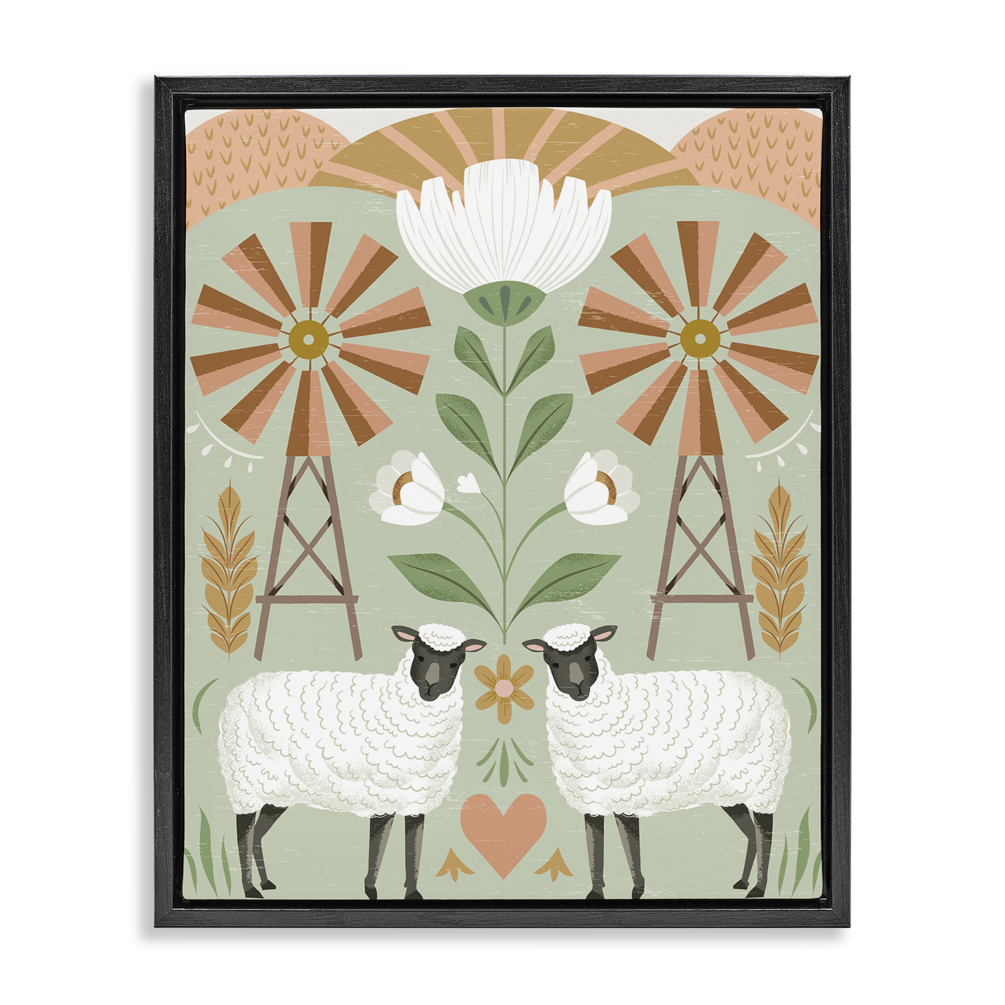Stupell Industries Sheep & Windmill Pattern Animals Painting Black Floater Framed Canvas Art Print Wall Art, 25 x 31