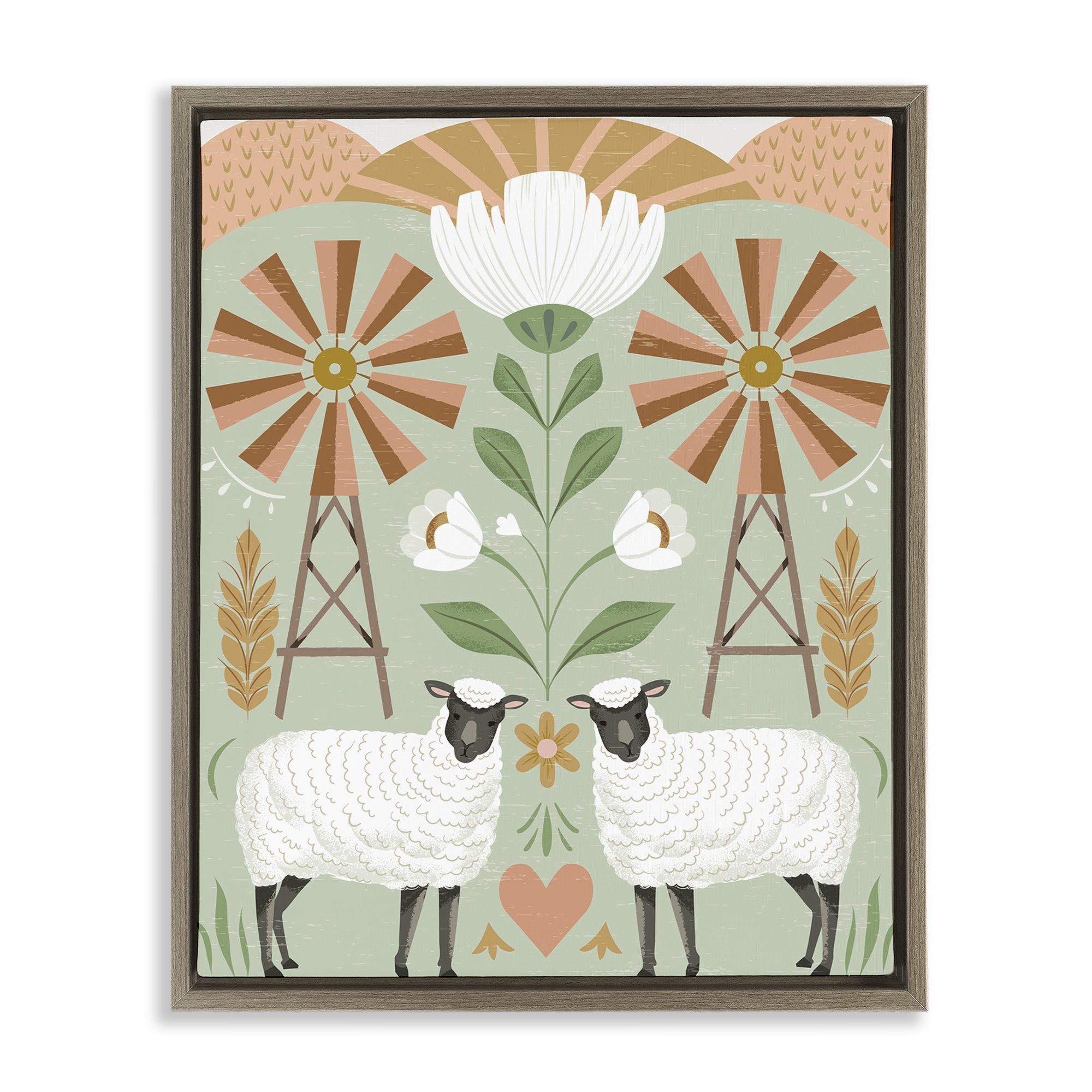 Stupell Industries Sheep & Windmill Pattern Animals Painting Brown Floater Framed Canvas Art Print Wall Art, 25 x 31