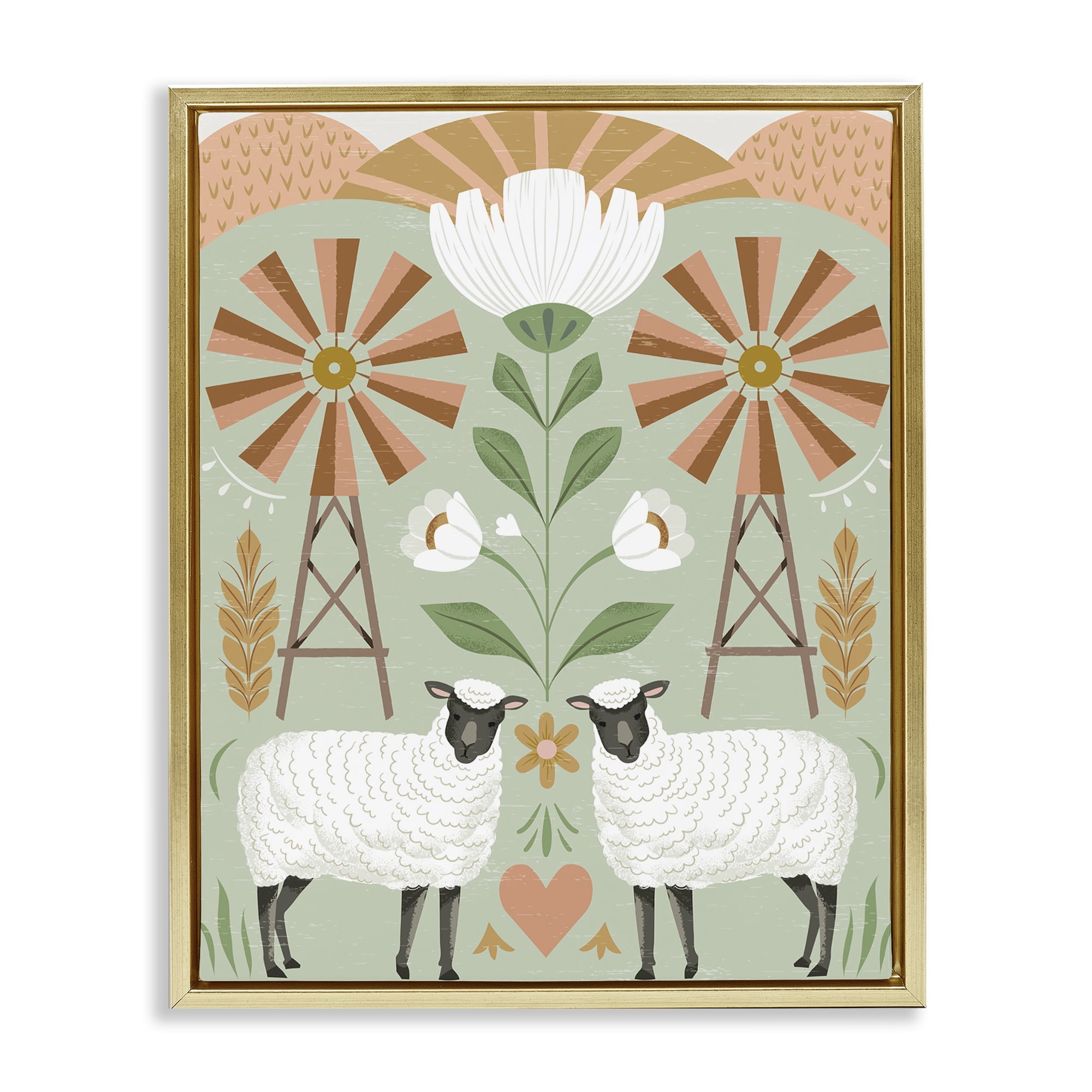 Stupell Industries Sheep & Windmill Pattern Animals Painting Gold Floater Framed Canvas Art Print Wall Art, 17 x 21