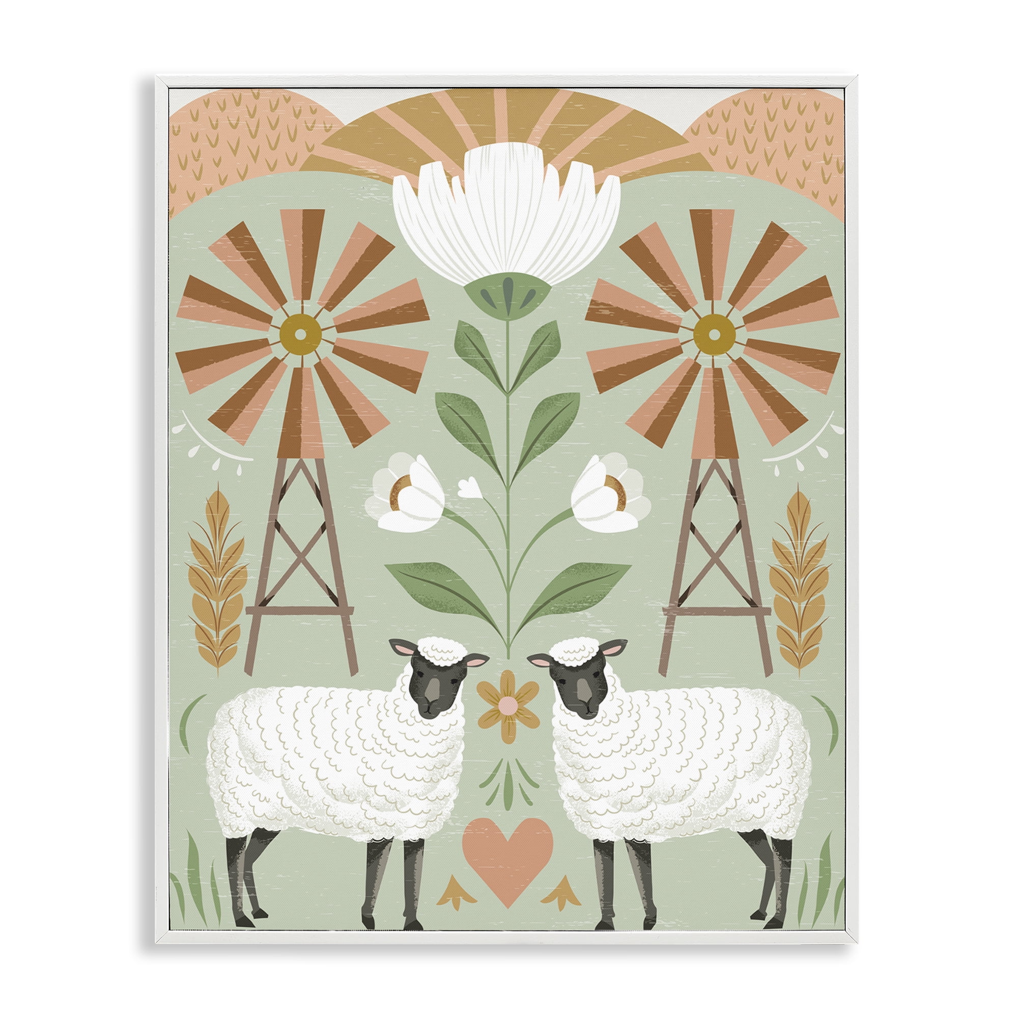 Stupell Industries Sheep & Windmill Pattern Animals Painting White Framed Art Print Wall Art, 16 x 20
