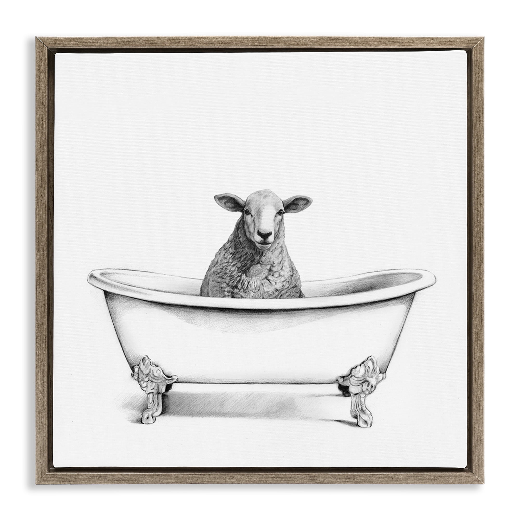 Stupell Industries Sheep in Bathtub Sketch Animals & Insects Drawing Brown Floater Framed Canvas Art Print Wall Art, 25 x 25