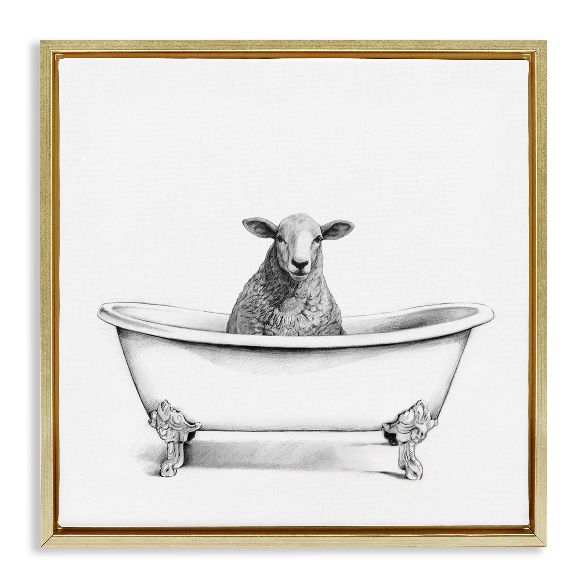 Stupell Industries Sheep in Bathtub Sketch Animals & Insects Drawing Gold Floater Framed Canvas Art Print Wall Art, 18 x 18
