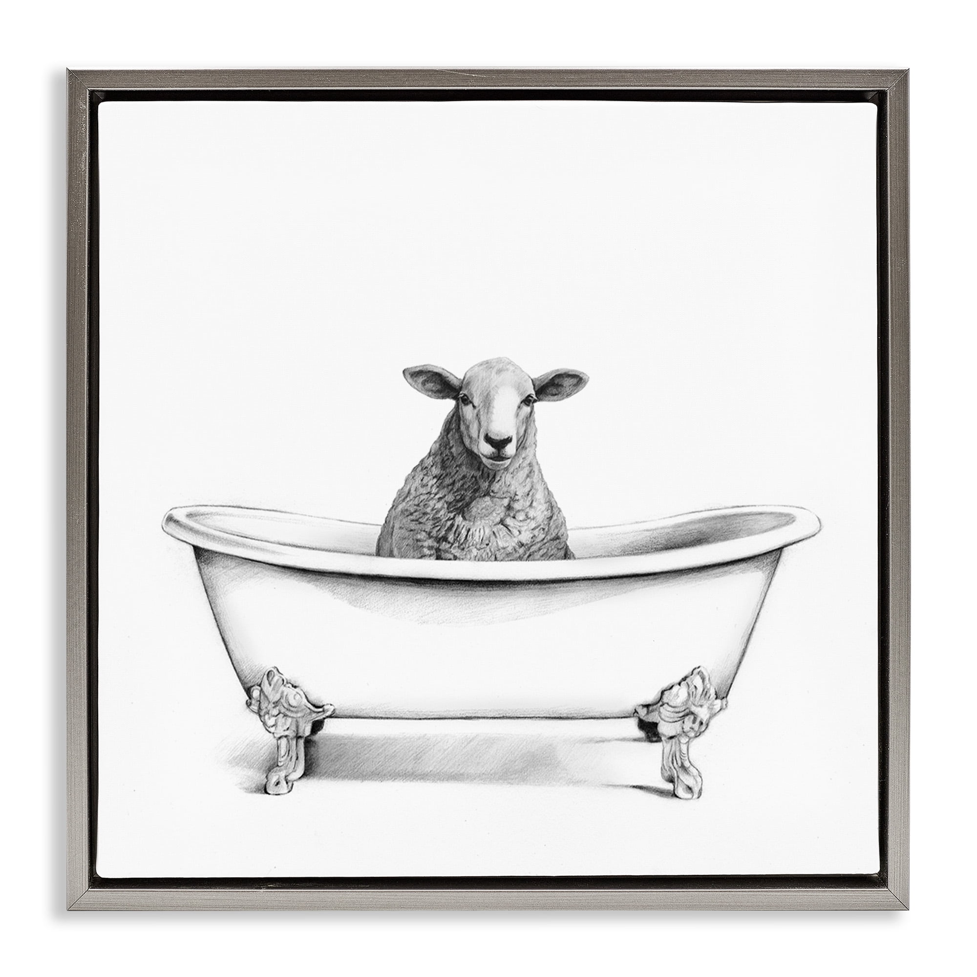 Stupell Industries Sheep in Bathtub Sketch Animals & Insects Drawing Gray Floater Framed Canvas Art Print Wall Art, 25 x 25