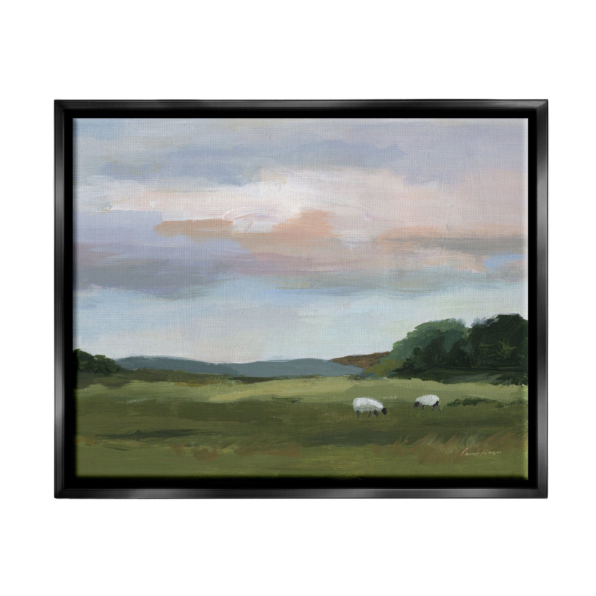 Stupell Industries Sheep in Country Field Landscape Painting Black Floater Framed Canvas Art Print Wall Art, 21 x 17