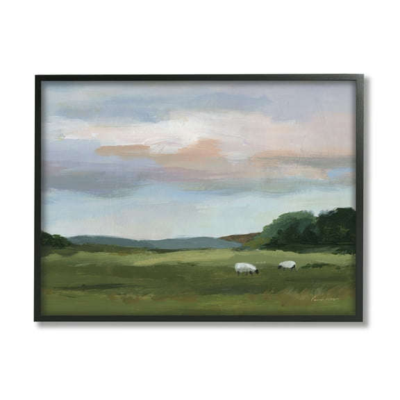 Stupell Industries Sheep in Country Field Landscape Painting Black Framed Art Print Wall Art, 14 x 11