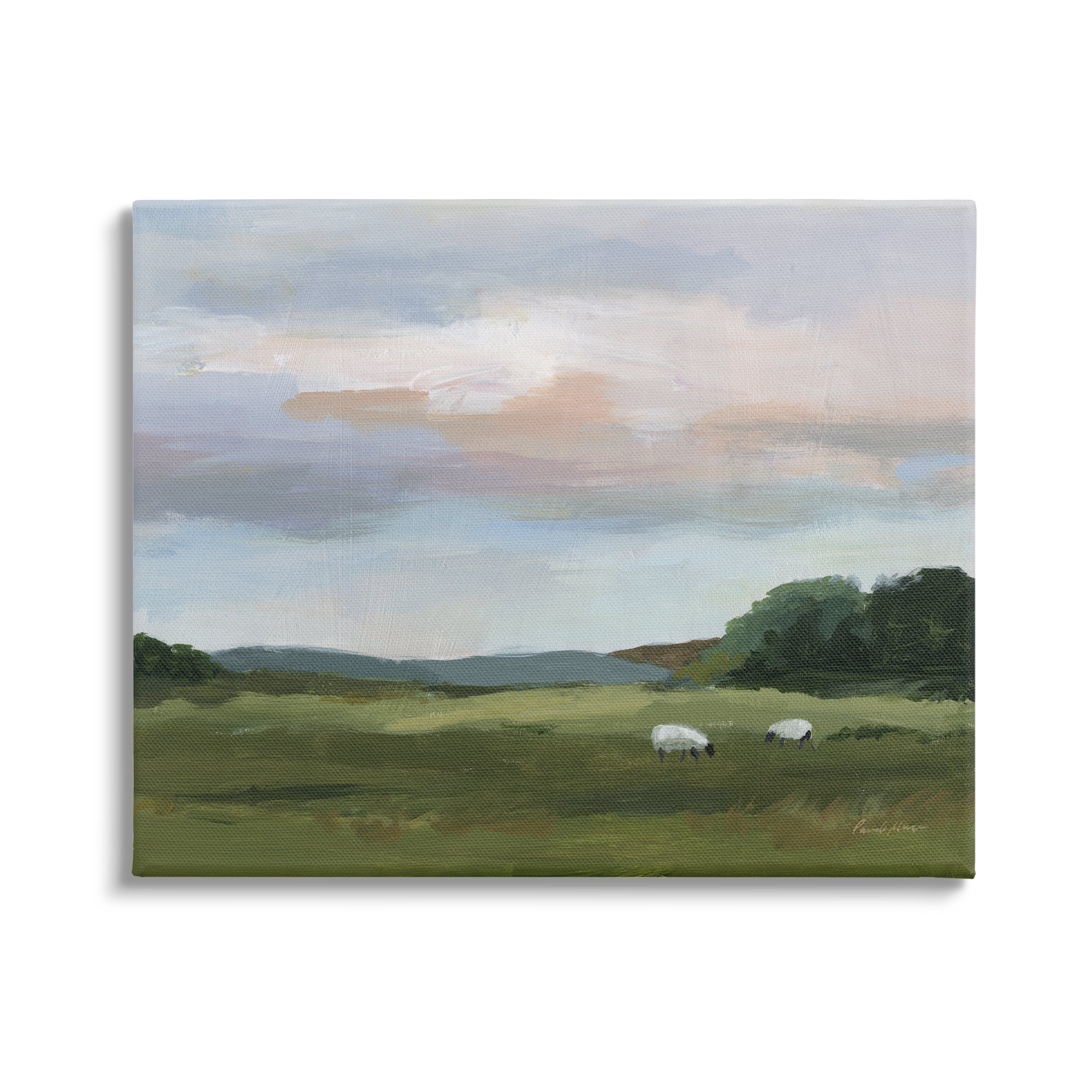 Stupell Industries Sheep in Country Field Landscape Painting Gallery Wrapped Canvas Art Print Wall Art, 30 x 24