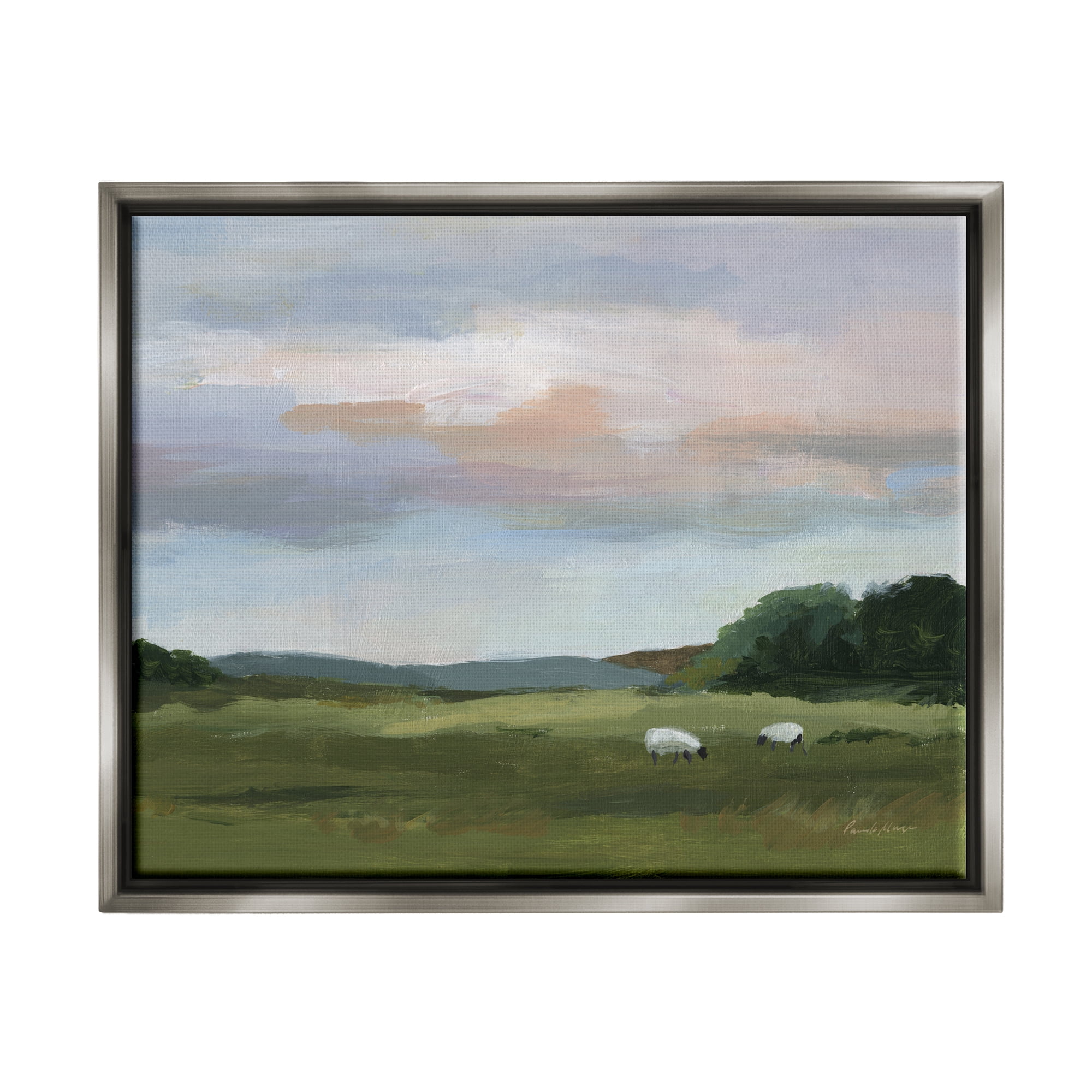 Stupell Industries Sheep in Country Field Landscape Painting Gray Floater Framed Canvas Art Print Wall Art, 31 x 25