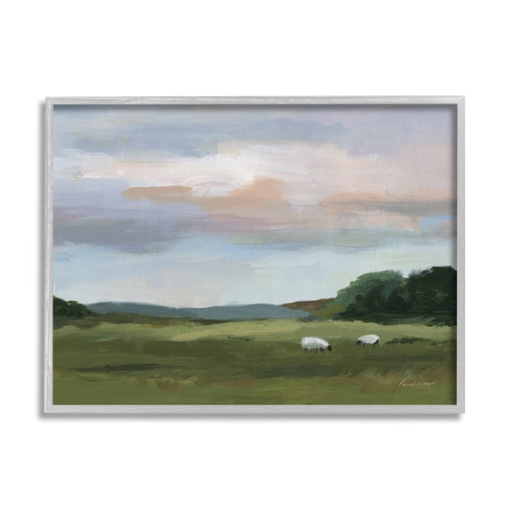 Stupell Industries Sheep in Country Field Landscape Painting Gray Framed Art Print Wall Art, 14 x 11
