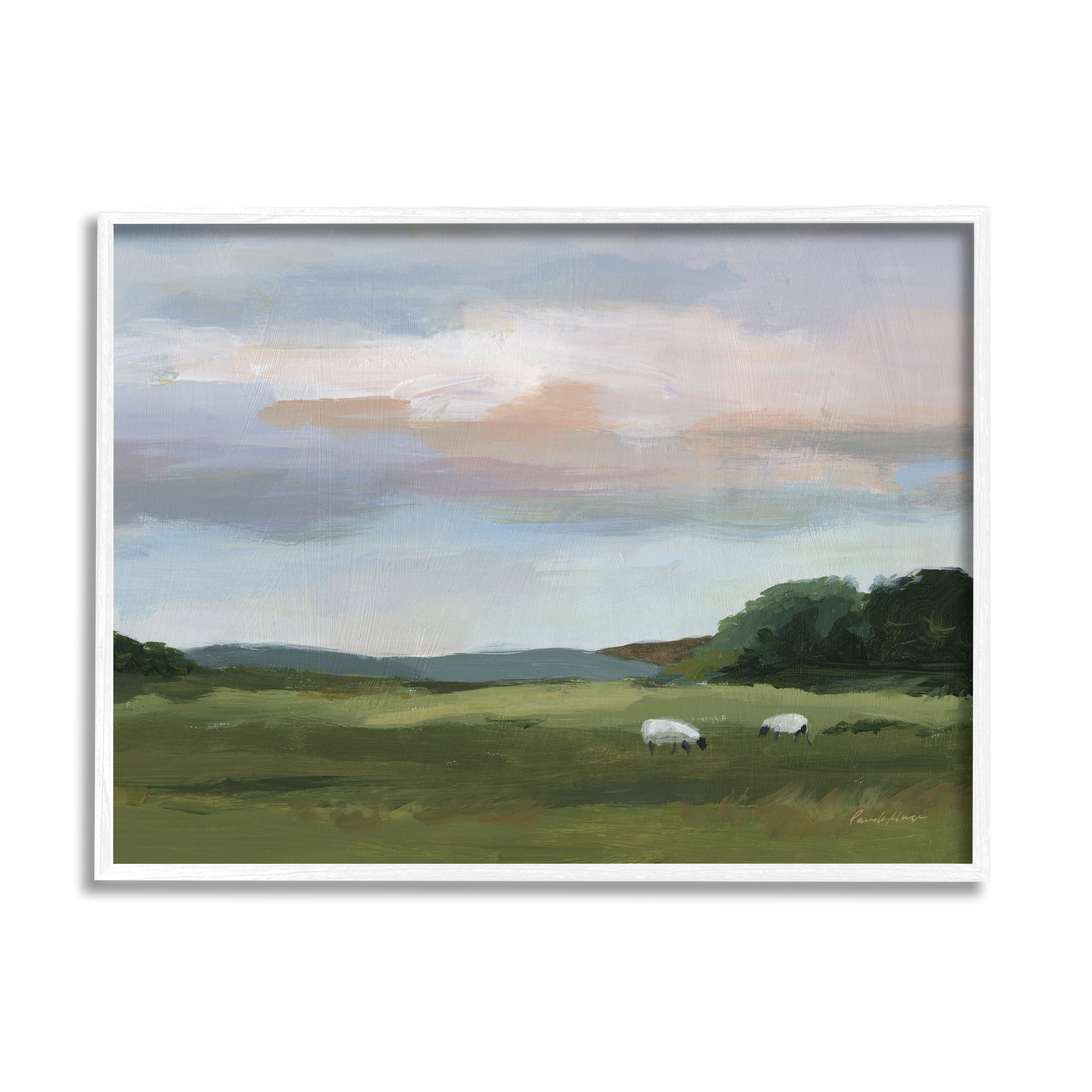 Stupell Industries Sheep in Country Field Landscape Painting White Framed Art Print Wall Art, 14 x 11