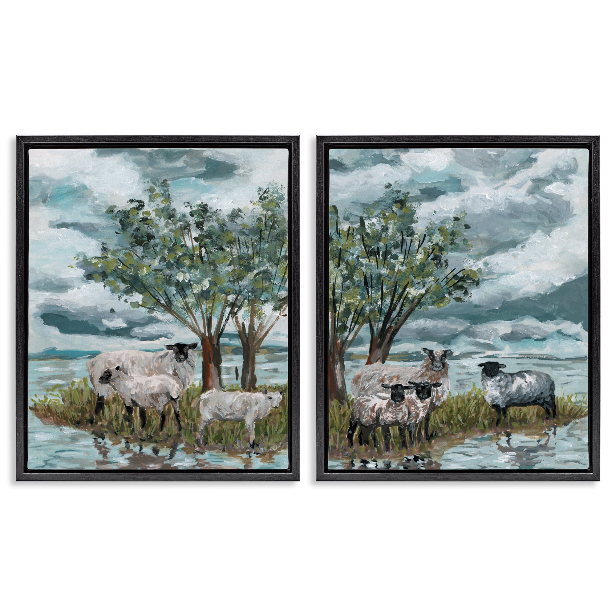 Stupell Industries Sheep in Field Landscape & Nature Painting Black Floater Framed Canvas Art Print Wall Art, 31 x 25, Set of 2