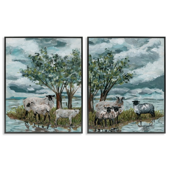 Stupell Industries Sheep in Field Landscape & Nature Painting Black Framed Art Print Wall Art, 11 x 14, Set of 2