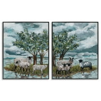 Stupell Industries Sheep in Field Landscape & Nature Painting Black Framed Art Print Wall Art, 11 x 14, Set of 2