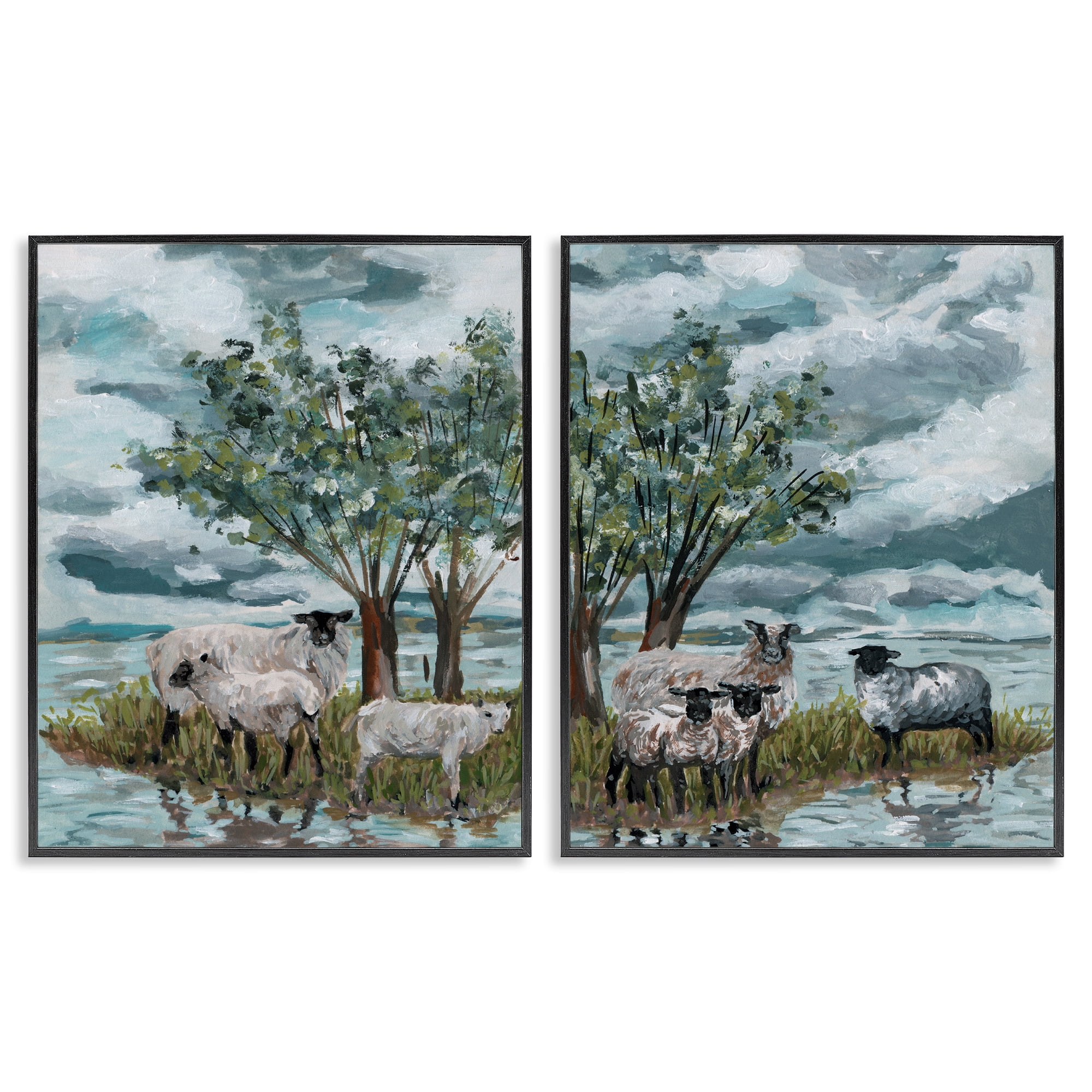 Stupell Industries Sheep in Field Landscape & Nature Painting Black Framed Art Print Wall Art, 16 x 20, Set of 2