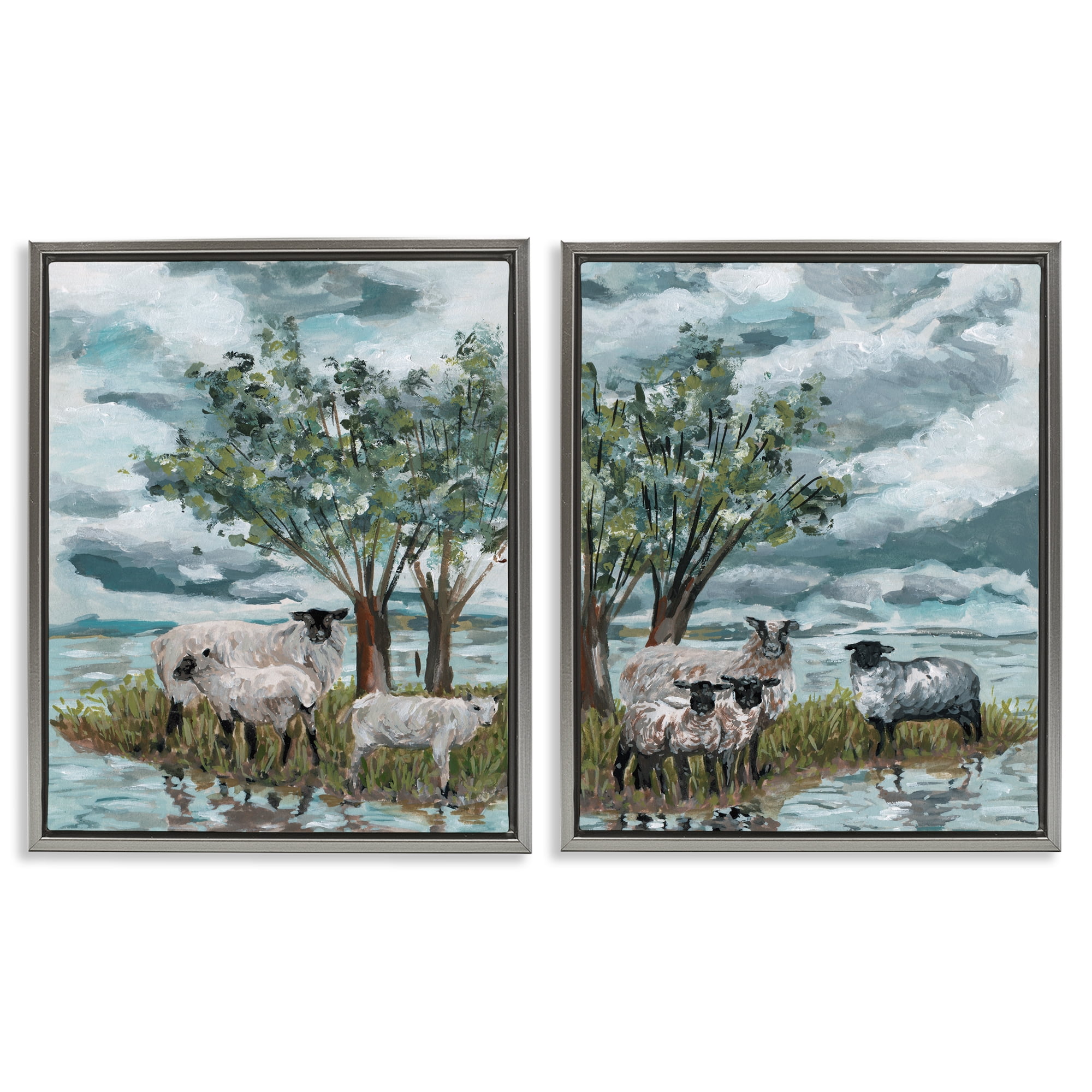 Stupell Industries Sheep in Field Landscape & Nature Painting Gray Floater Framed Canvas Art Print Wall Art, 31 x 25, Set of 2