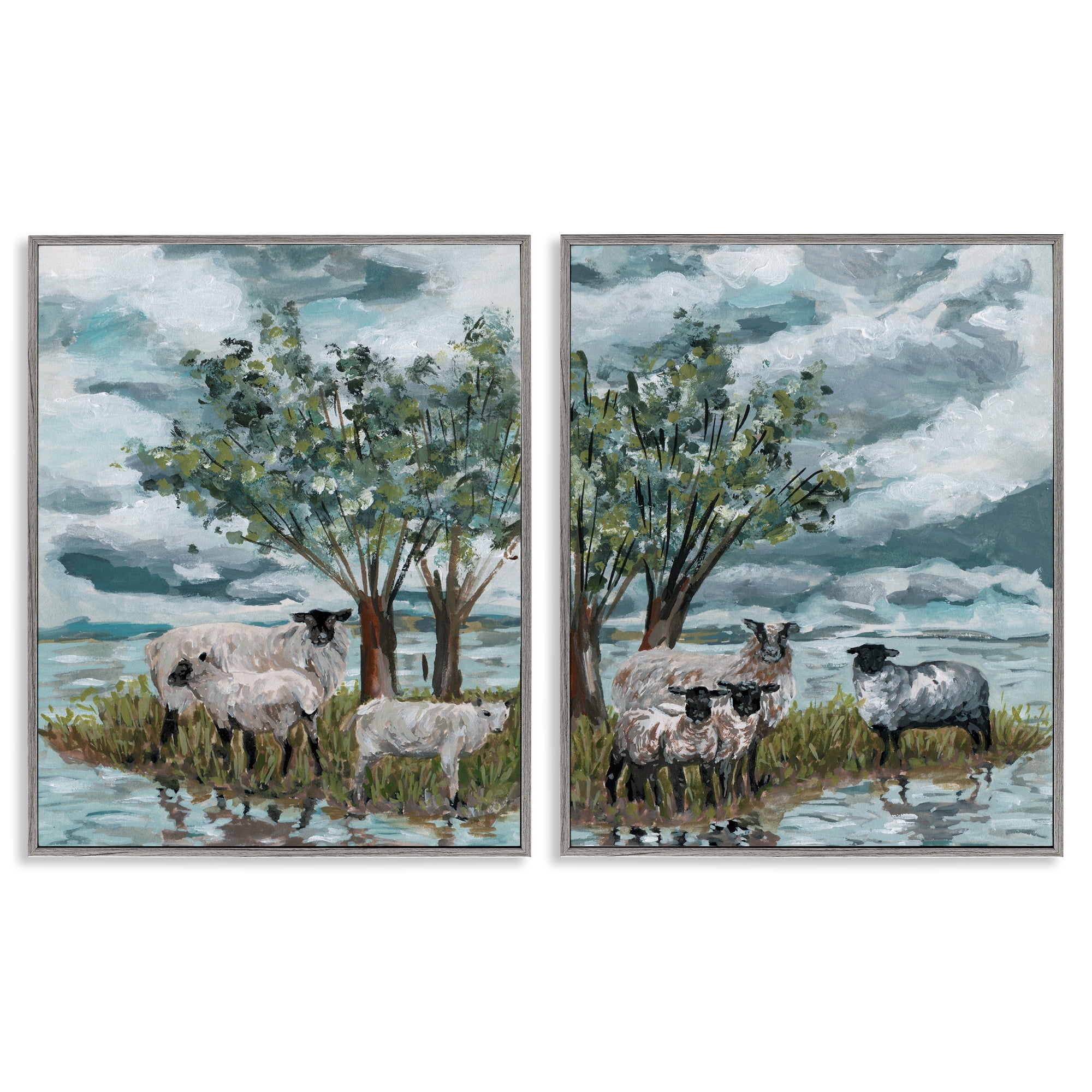 Stupell Industries Sheep in Field Landscape & Nature Painting Gray Framed Art Print Wall Art, 24 x 30, Set of 2
