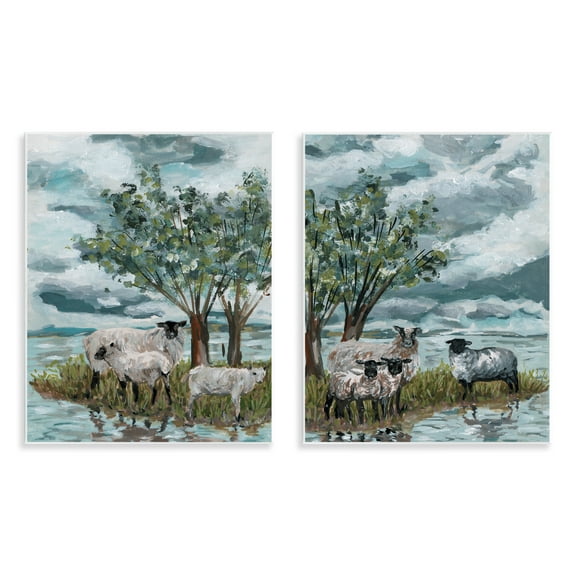 Stupell Industries Sheep in Field Landscape & Nature Painting Unframed Art Print Wall Art, 11 x 14, Set of 2