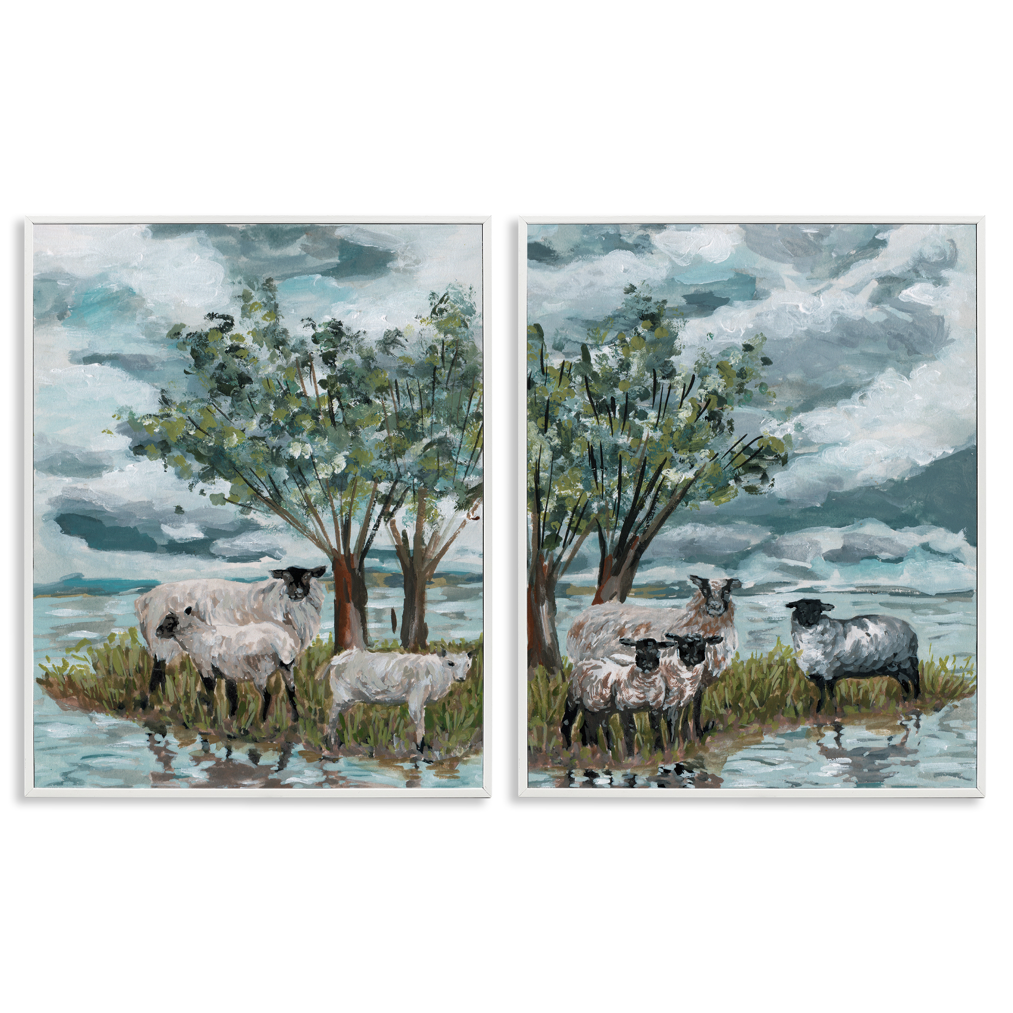 Stupell Industries Sheep in Field Landscape & Nature Painting White Framed Art Print Wall Art, 11 x 14, Set of 2