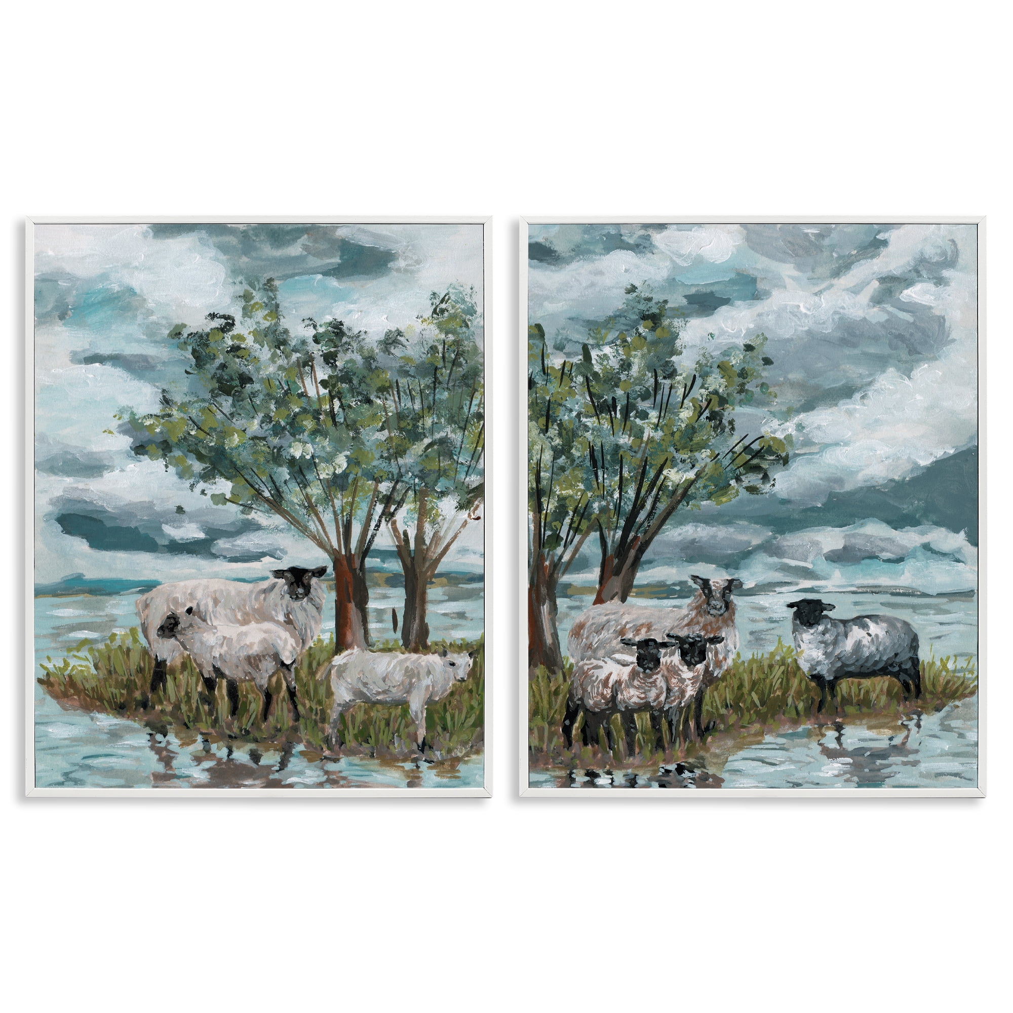 Stupell Industries Sheep in Field Landscape & Nature Painting White Framed Art Print Wall Art, 24 x 30, Set of 2