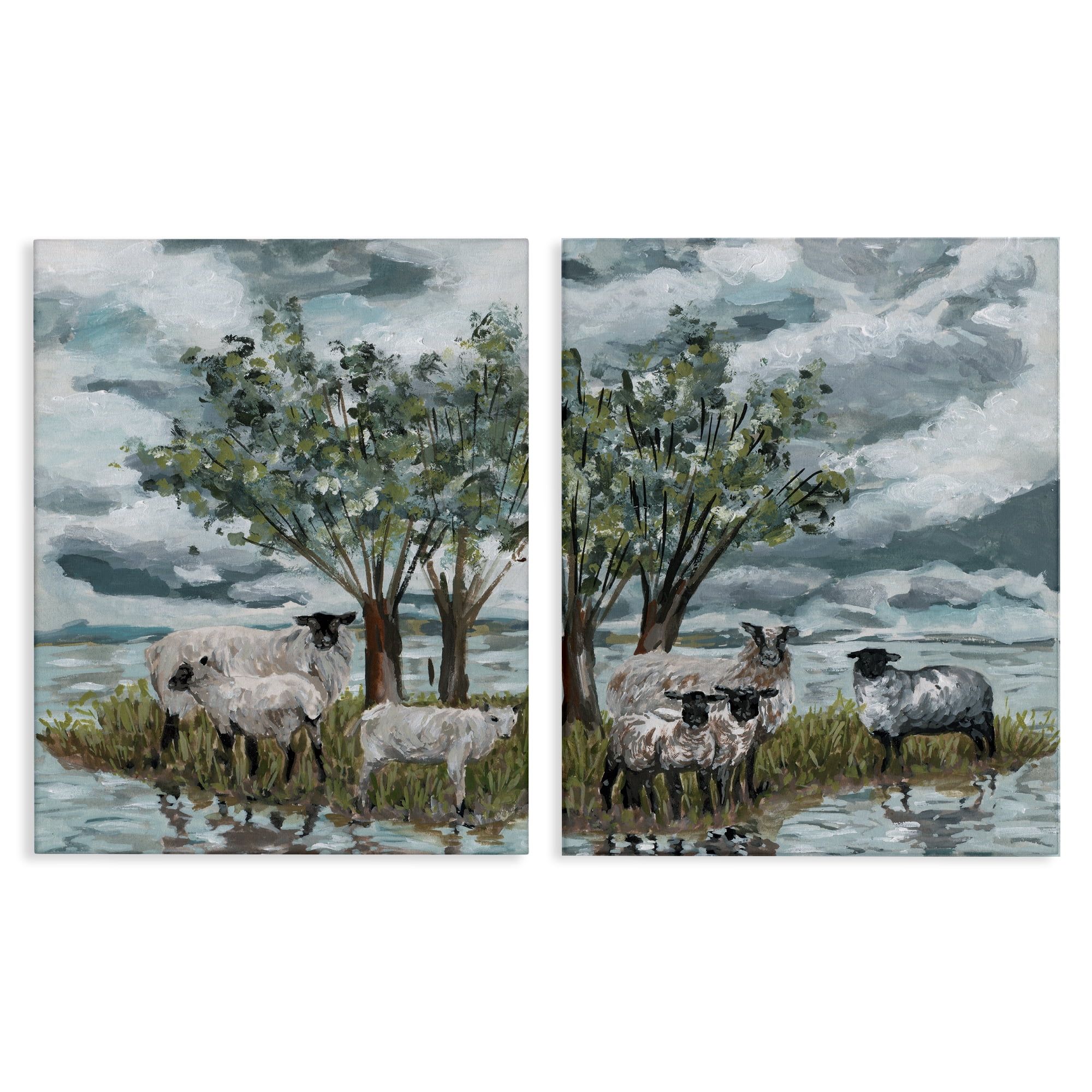 Stupell Industries Sheep in Field Landscape & Nature Painting Wrapped Canvas Art Print Wall Art, 16 x 20, Set of 2