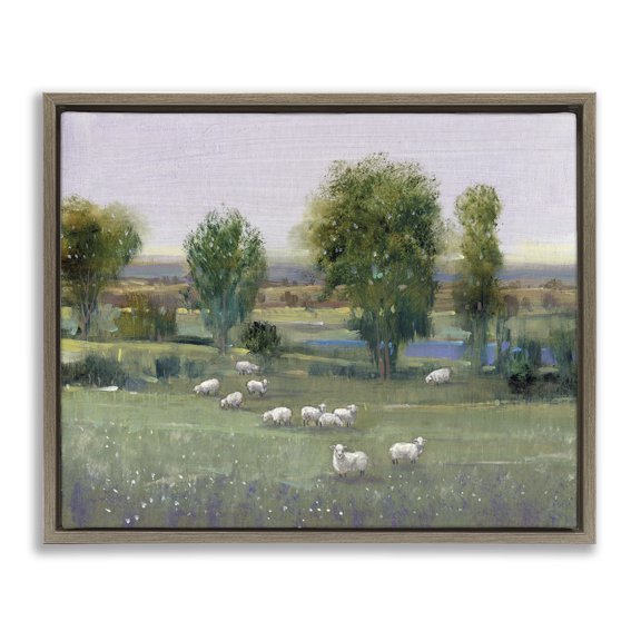 Stupell Industries Sheep in Pasture Overlook Landscape & Nature Painting Brown Floater Framed Canvas Art Print Wall Art, 21 x 17