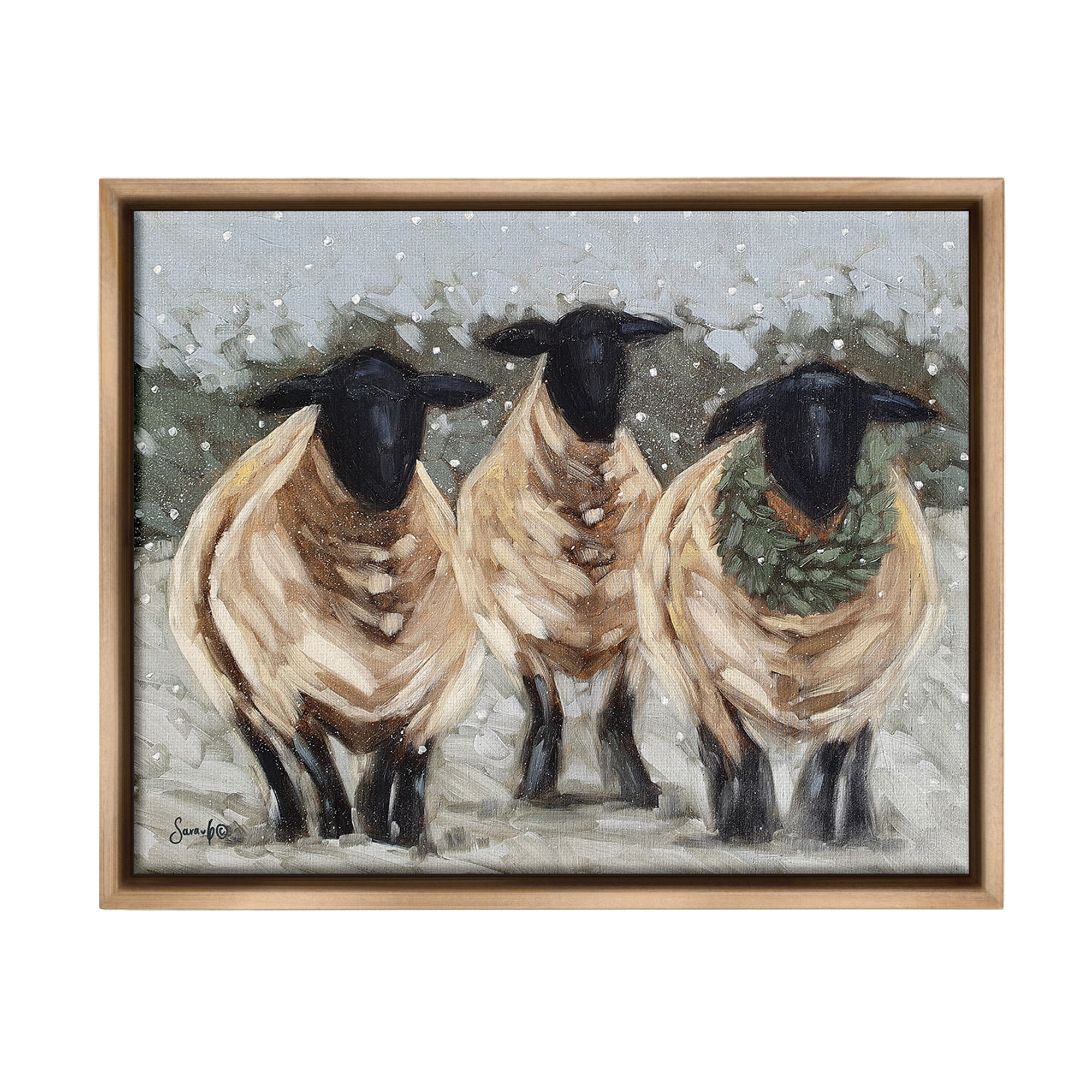 Stupell Industries Sheep in Winter Scene Animals & Insects Painting Brown Floater Framed Canvas Art Print Wall Art, 31 x 25