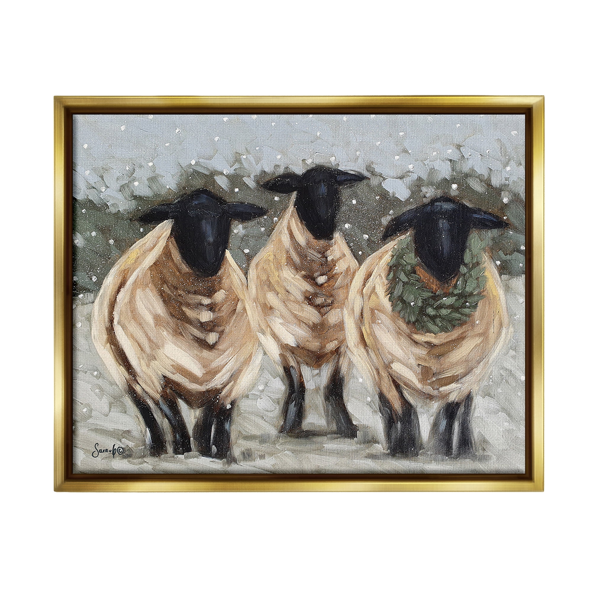 Stupell Industries Sheep in Winter Scene Animals & Insects Painting Gold Floater Framed Canvas Art Print Wall Art, 31 x 25