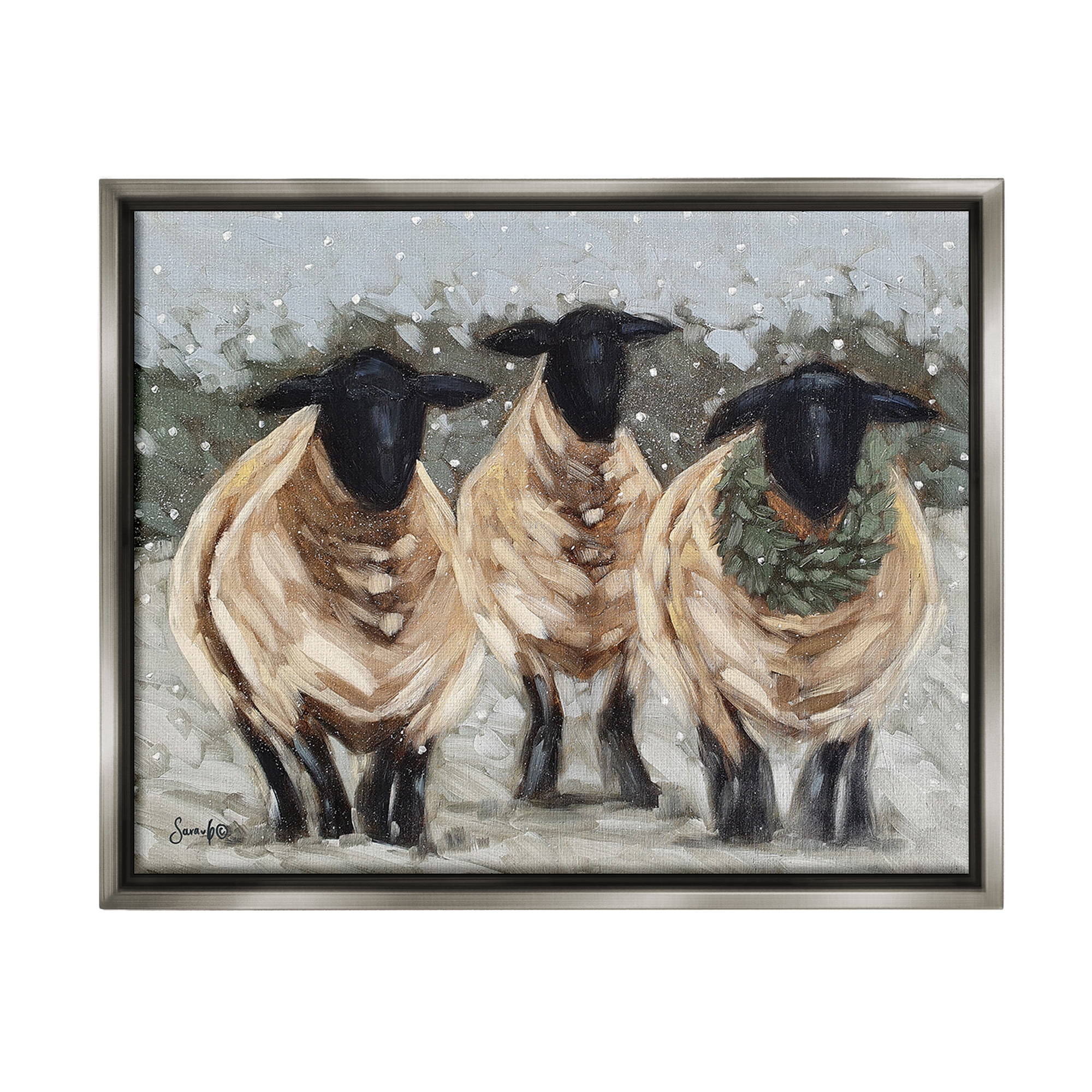 Stupell Industries Sheep in Winter Scene Animals & Insects Painting Gray Floater Framed Canvas Art Print Wall Art, 21 x 17