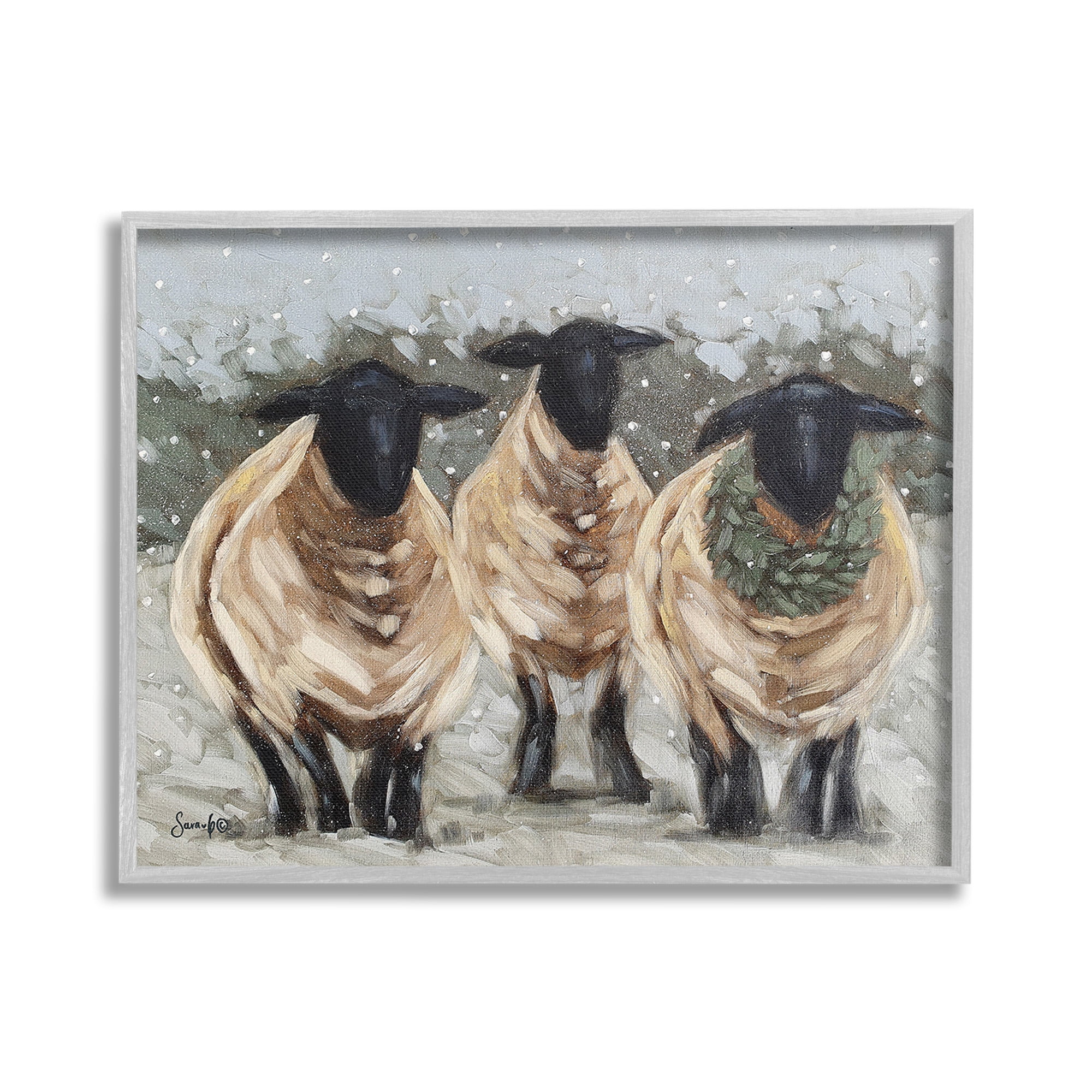 Stupell Industries Sheep in Winter Scene Animals & Insects Painting Gray Framed Art Print Wall Art, 20 x 16