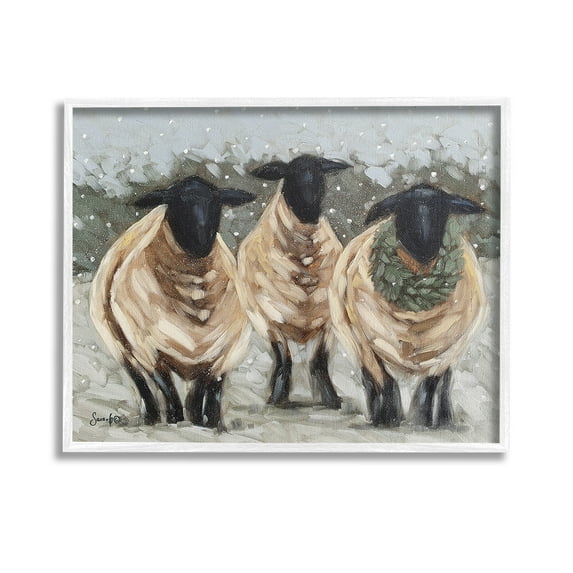 Stupell Industries Sheep in Winter Scene Animals & Insects Painting White Framed Art Print Wall Art, 14 x 11