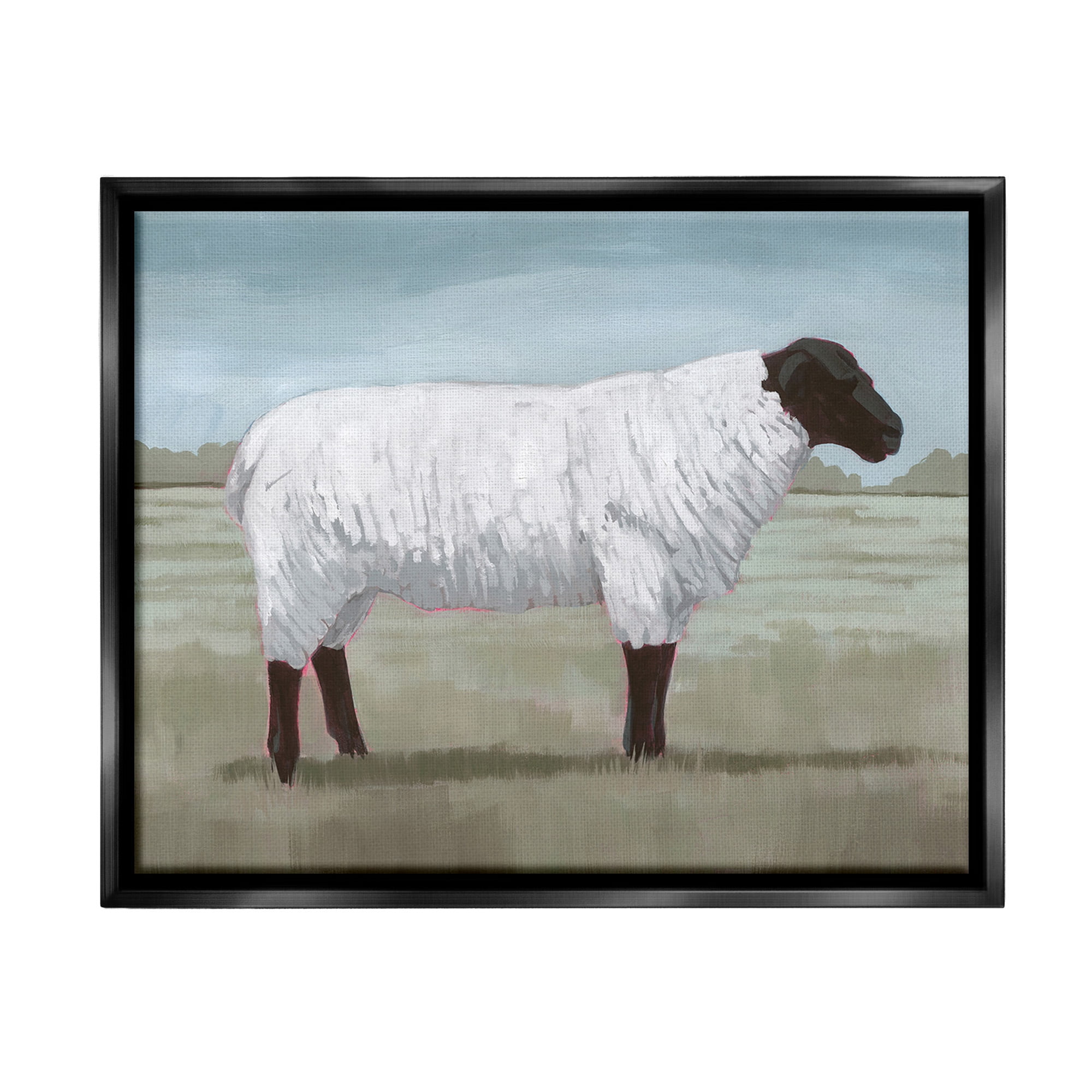 Stupell Industries Sheep on Farm Painting Animals & Insects Painting Black Floater Framed Canvas Art Print Wall Art, 21 x 17