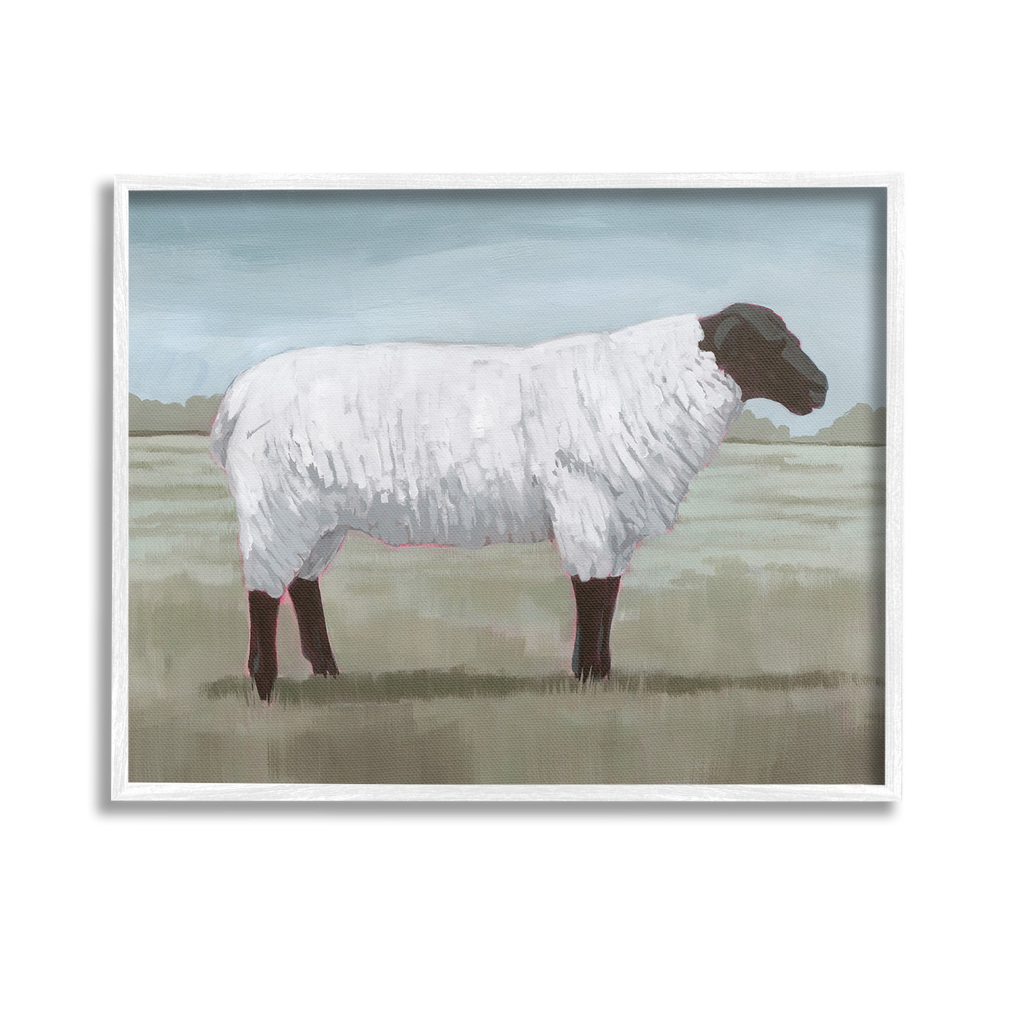 Stupell Industries Sheep on Farm Painting Animals & Insects Painting White Framed Art Print Wall Art, 14 x 11