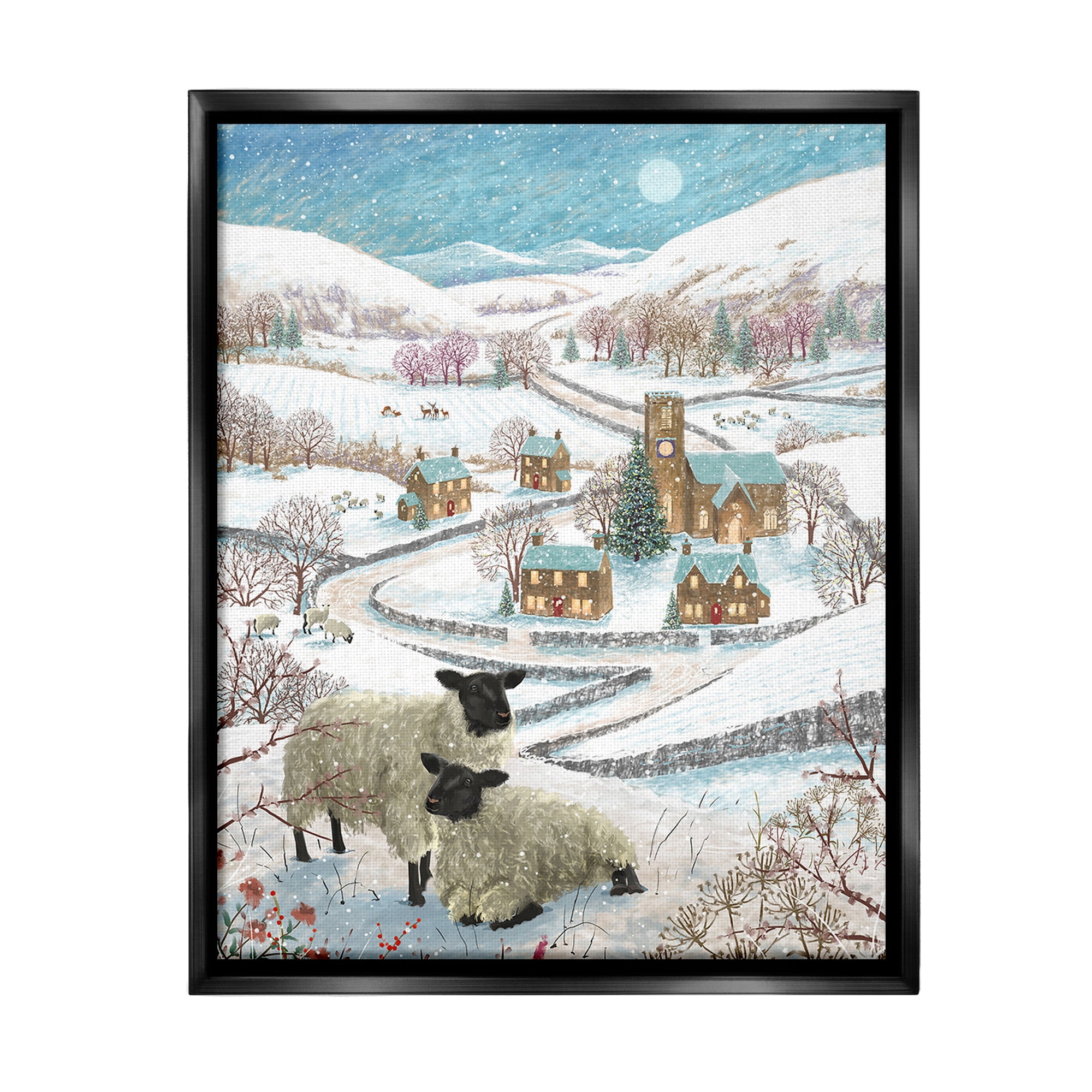 Stupell Industries Sheep on Wintery Hill Animals & Insects Painting Black Floater Framed Canvas Art Print Wall Art, 25 x 31