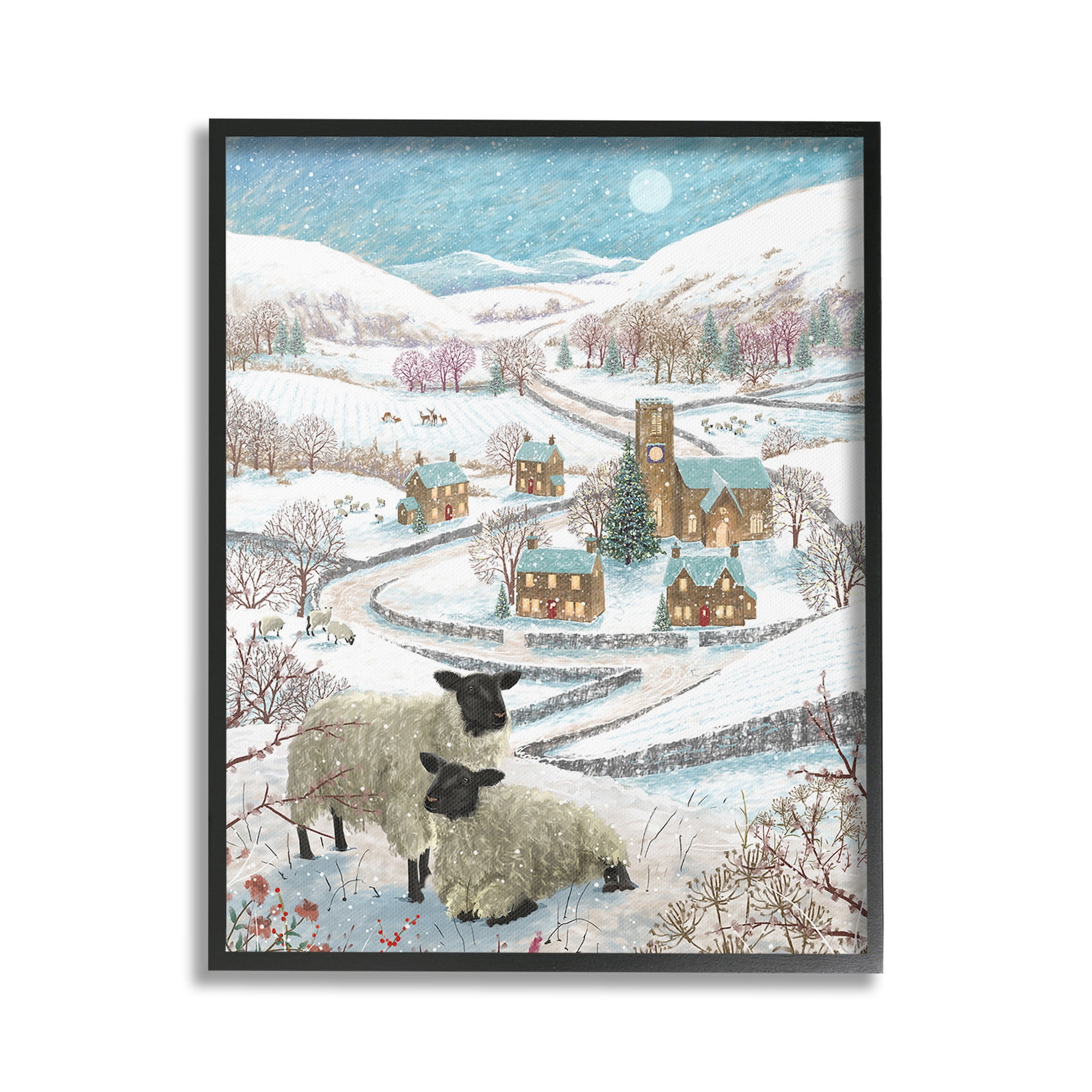 Stupell Industries Sheep on Wintery Hill Animals & Insects Painting Black Framed Art Print Wall Art, 24 x 30