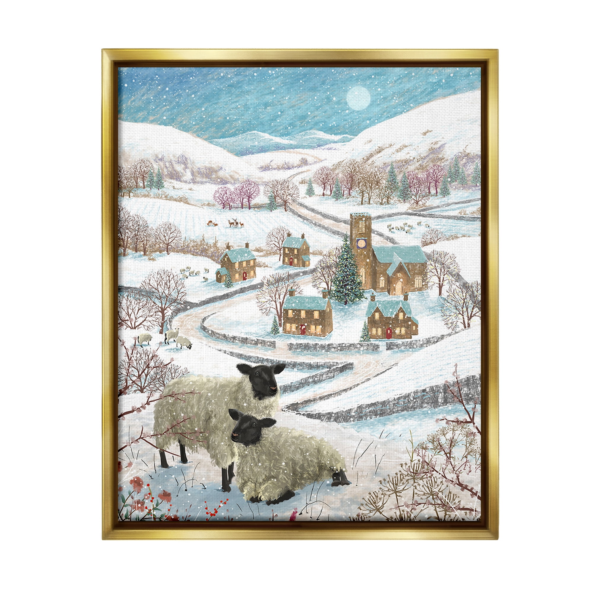 Stupell Industries Sheep on Wintery Hill Animals & Insects Painting Gold Floater Framed Canvas Art Print Wall Art, 25 x 31