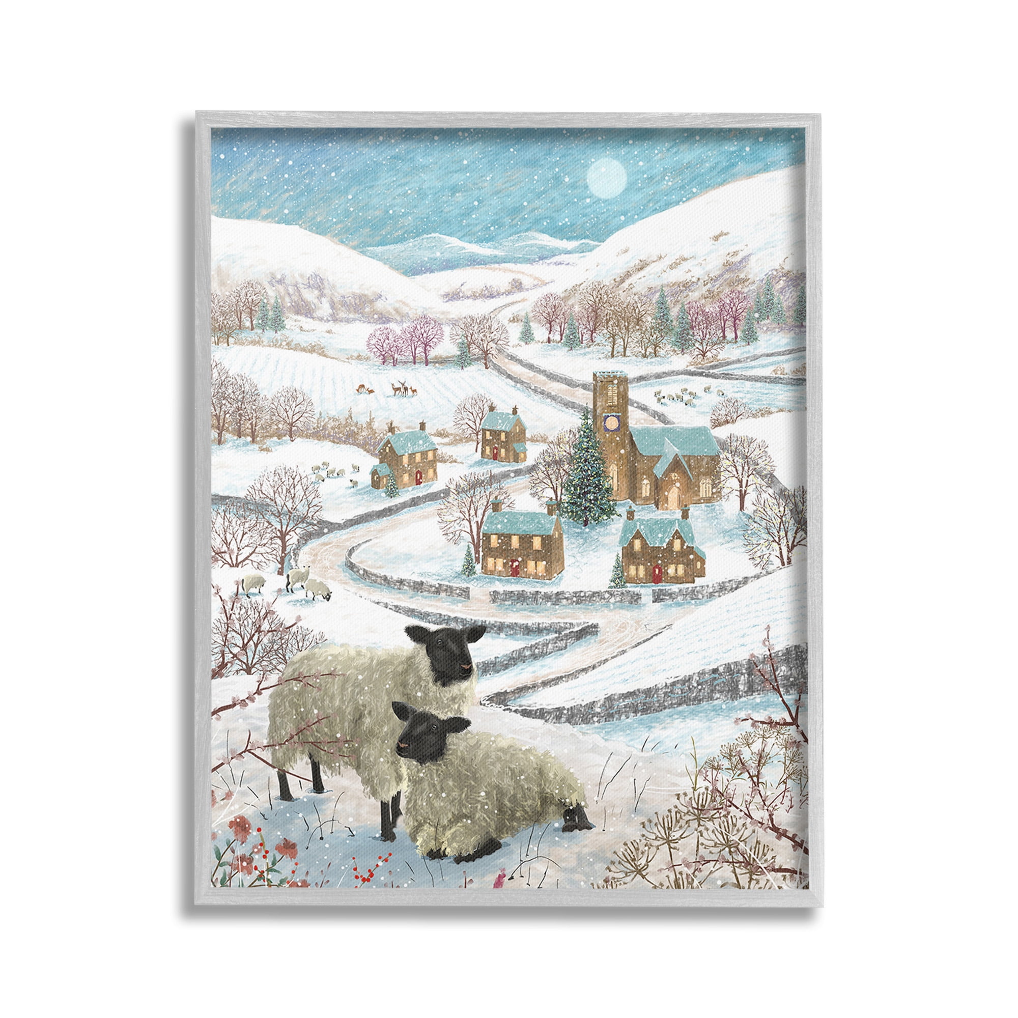 Stupell Industries Sheep on Wintery Hill Animals & Insects Painting Gray Framed Art Print Wall Art, 16 x 20