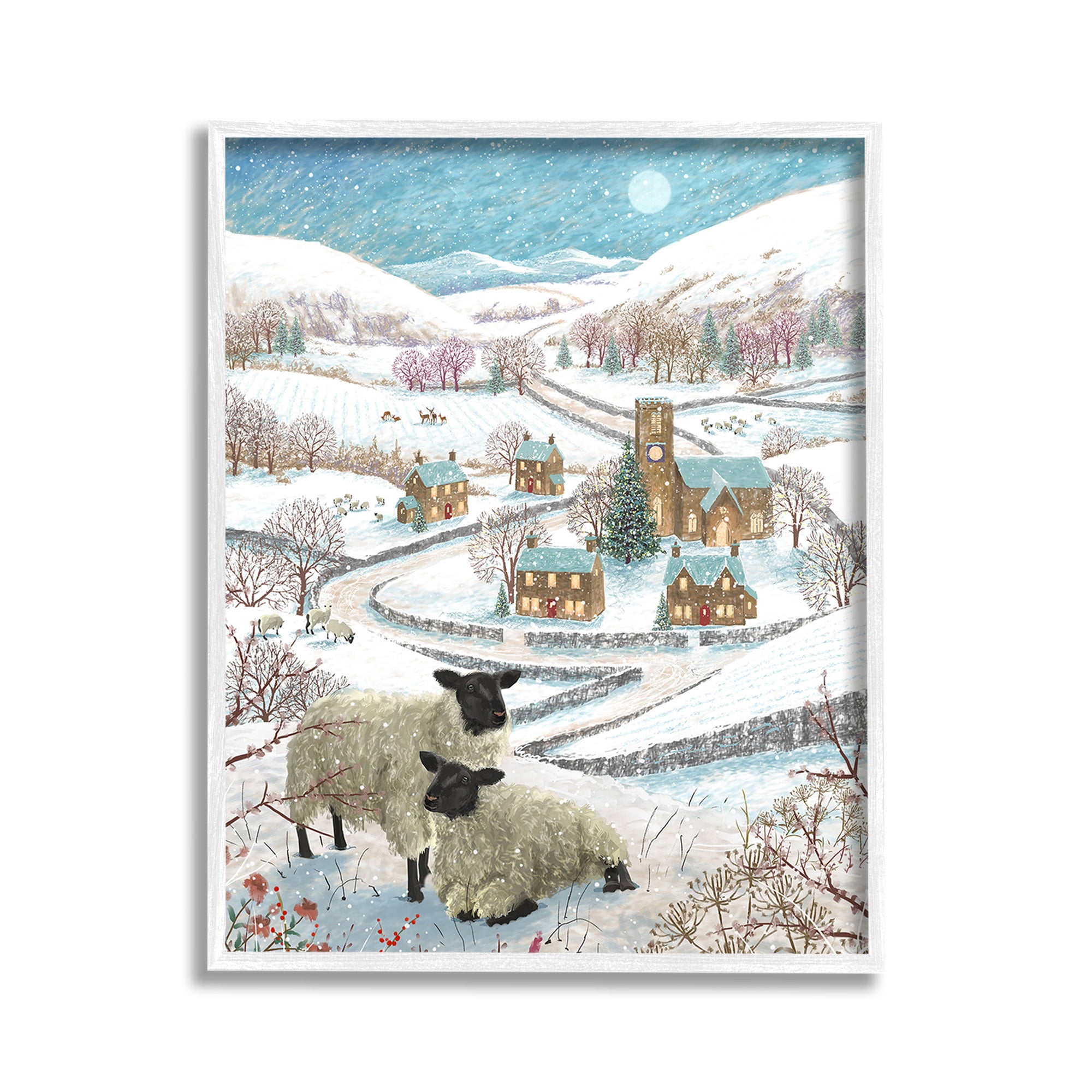 Stupell Industries Sheep on Wintery Hill Animals & Insects Painting White Framed Art Print Wall Art, 11 x 14
